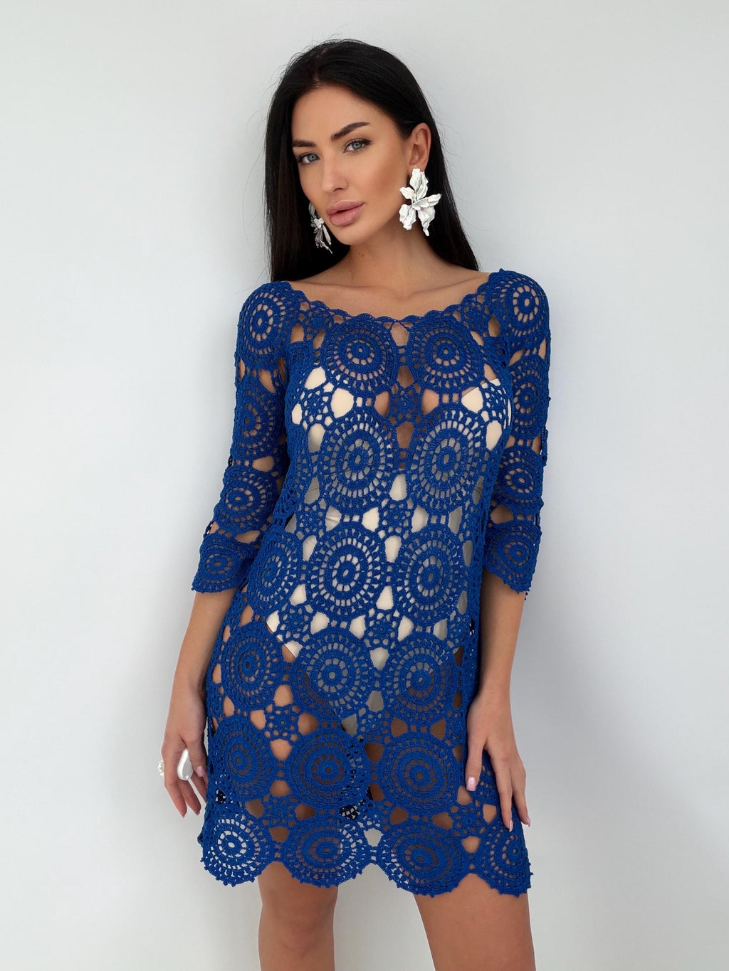 Royal Blue Crochet Dress, Handmade cover-up Openwork Mini Dress, Backless Boho Beach Cover Up, Cotton Lace Tunic, Festival Summer Dress
