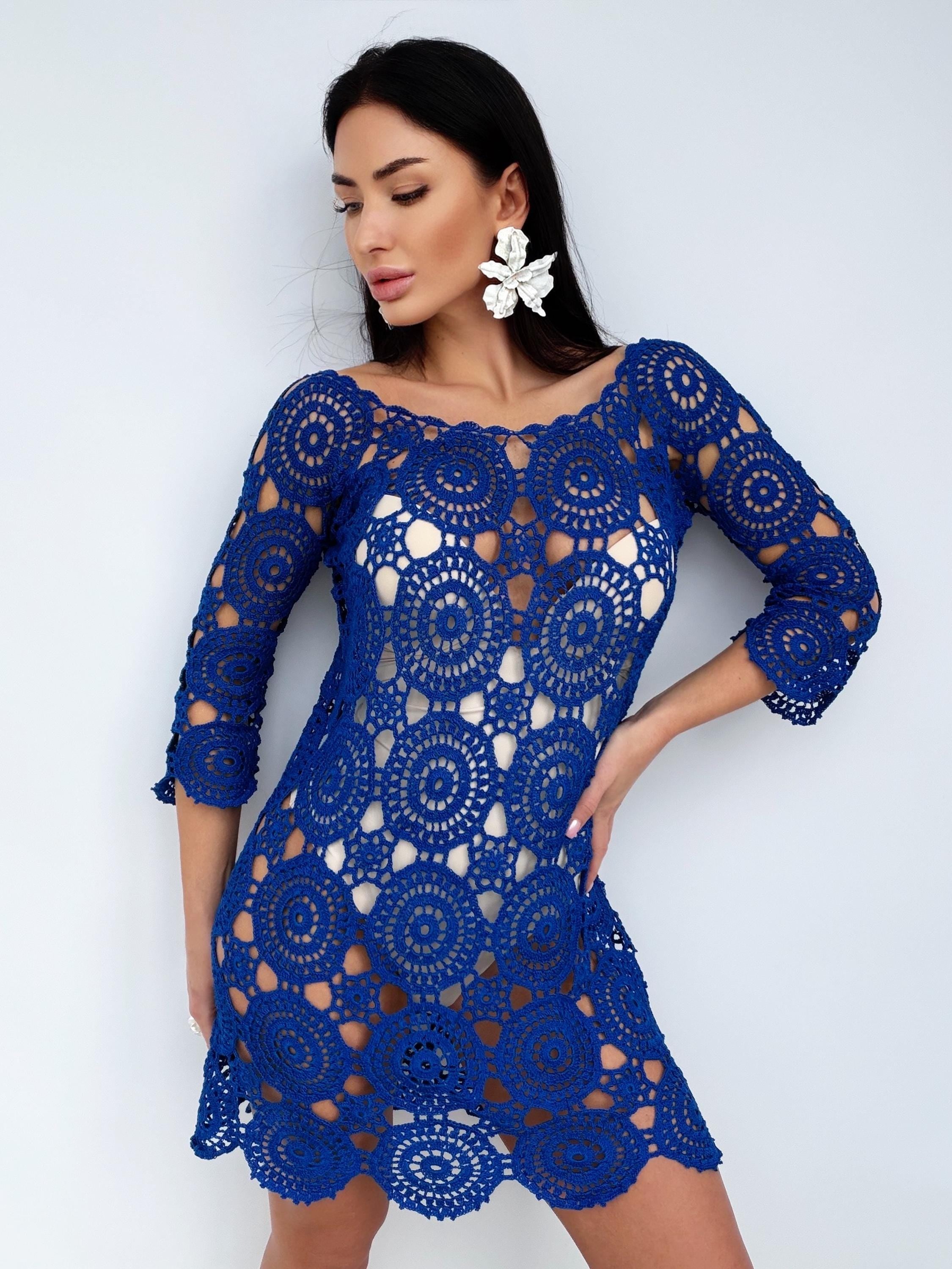Royal Blue Crochet Dress, Handmade cover-up Openwork Mini Dress, Backless Boho Beach Cover Up, Cotton Lace Tunic, Festival Summer Dress