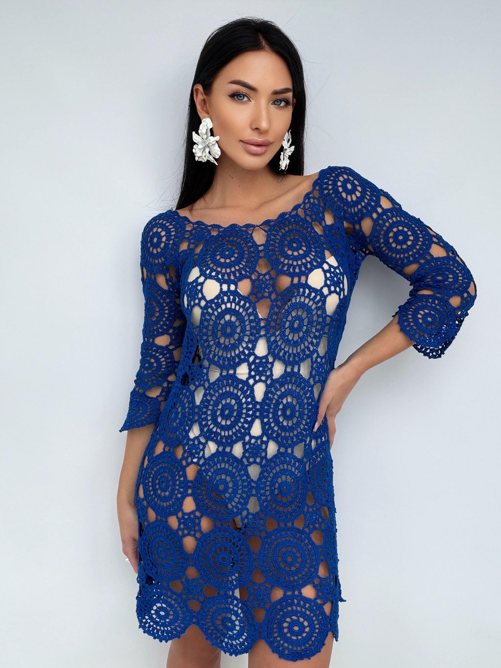 Royal Blue Crochet Dress, Handmade cover-up Openwork Mini Dress, Backless Boho Beach Cover Up, Cotton Lace Tunic, Festival Summer Dress