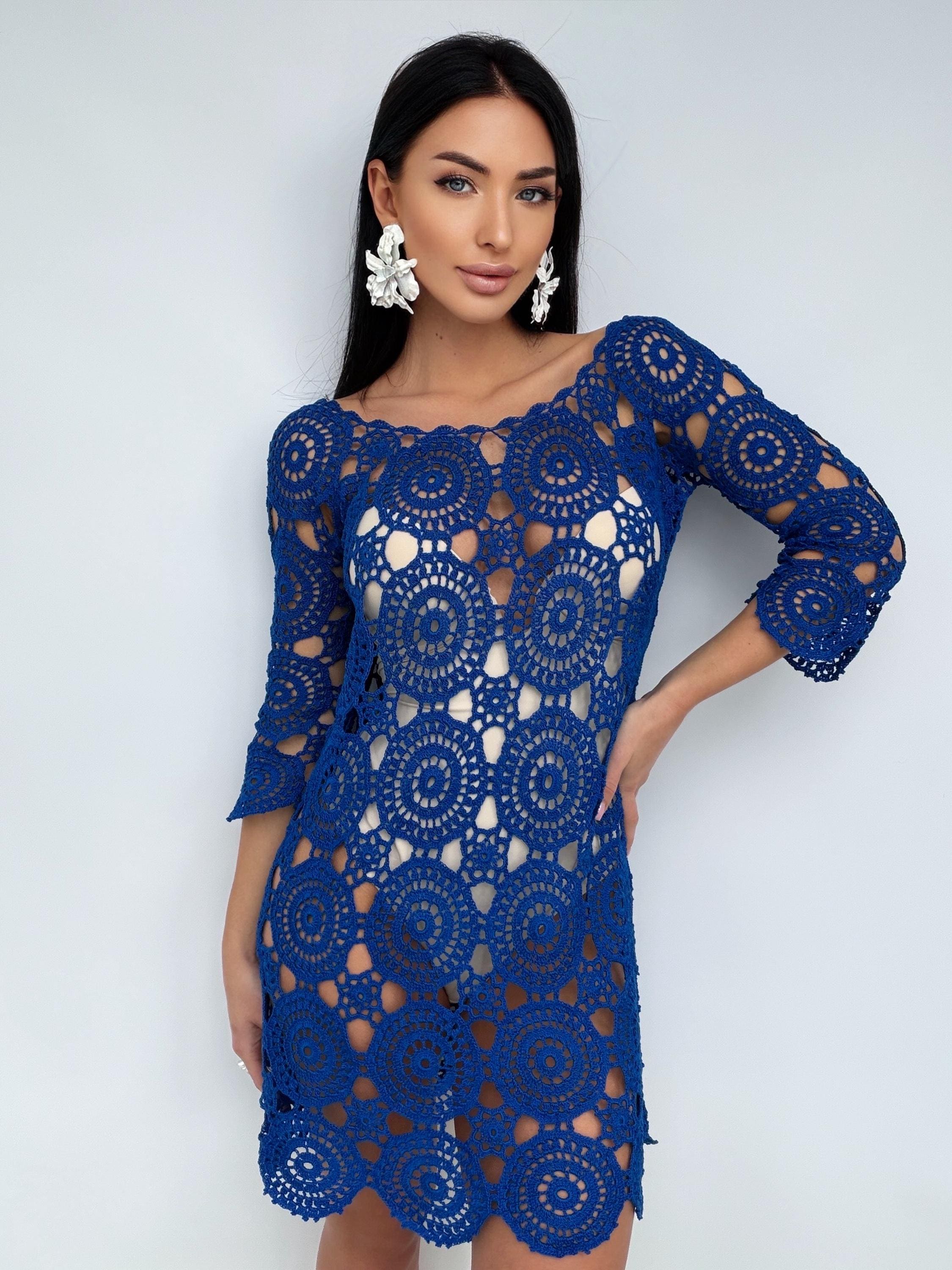 Royal Blue Crochet Dress, Handmade cover-up Openwork Mini Dress, Backless Boho Beach Cover Up, Cotton Lace Tunic, Festival Summer Dress