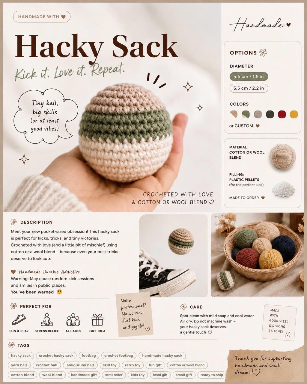 Handmade Crochet Hacky Sack, Aesthetic Footbag, Crochet Stress Relief Ball, Retro Gift for Him Her, Neutral Desk Toy, Handmade Foot Bag