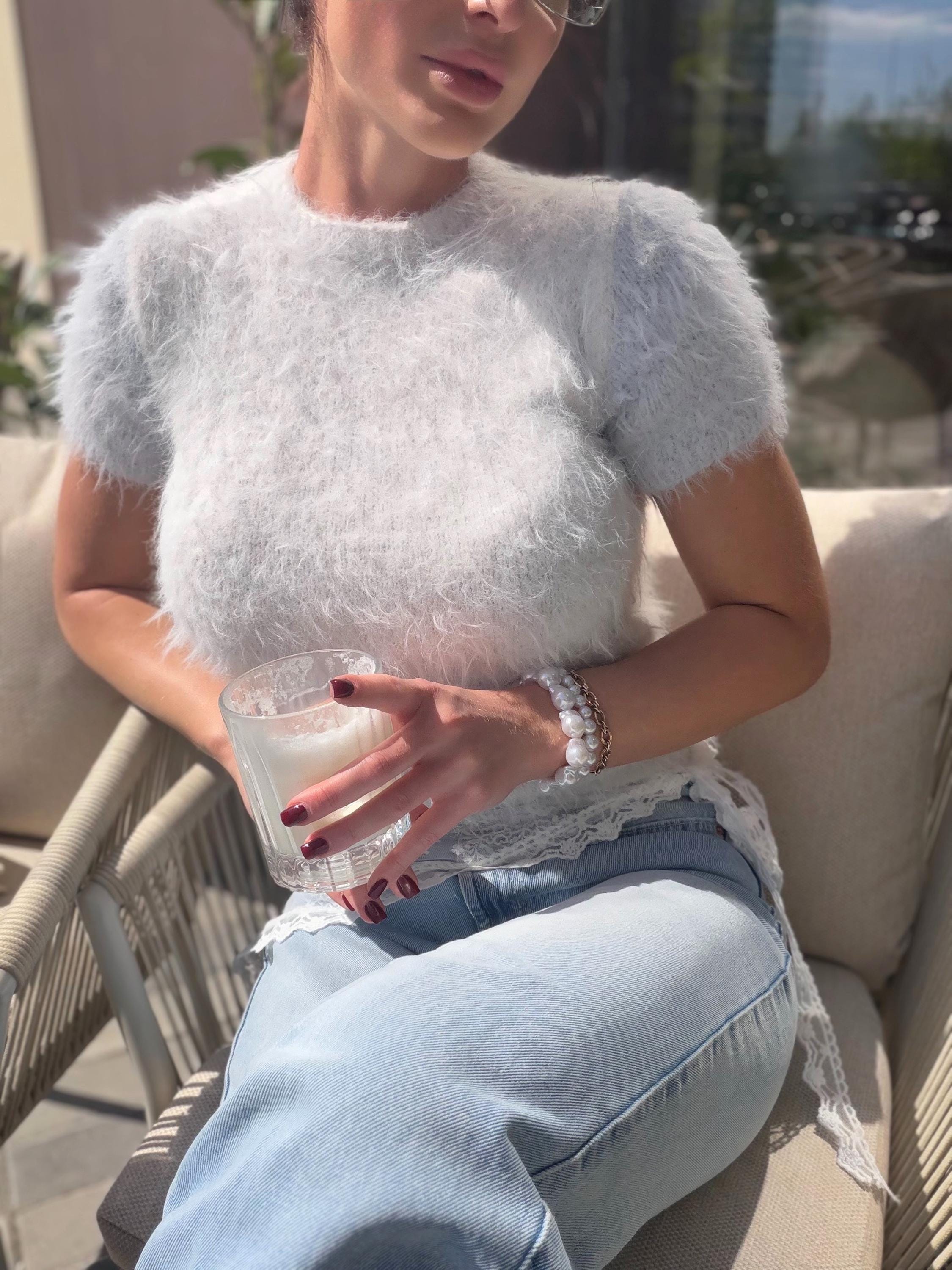 Merino Wool Knit Top Women, Fluffy Sweater Tee, Soft Fuzzy Knit Shirt, Lightweight Spring Summer Pullover, Handmade Luxury Top