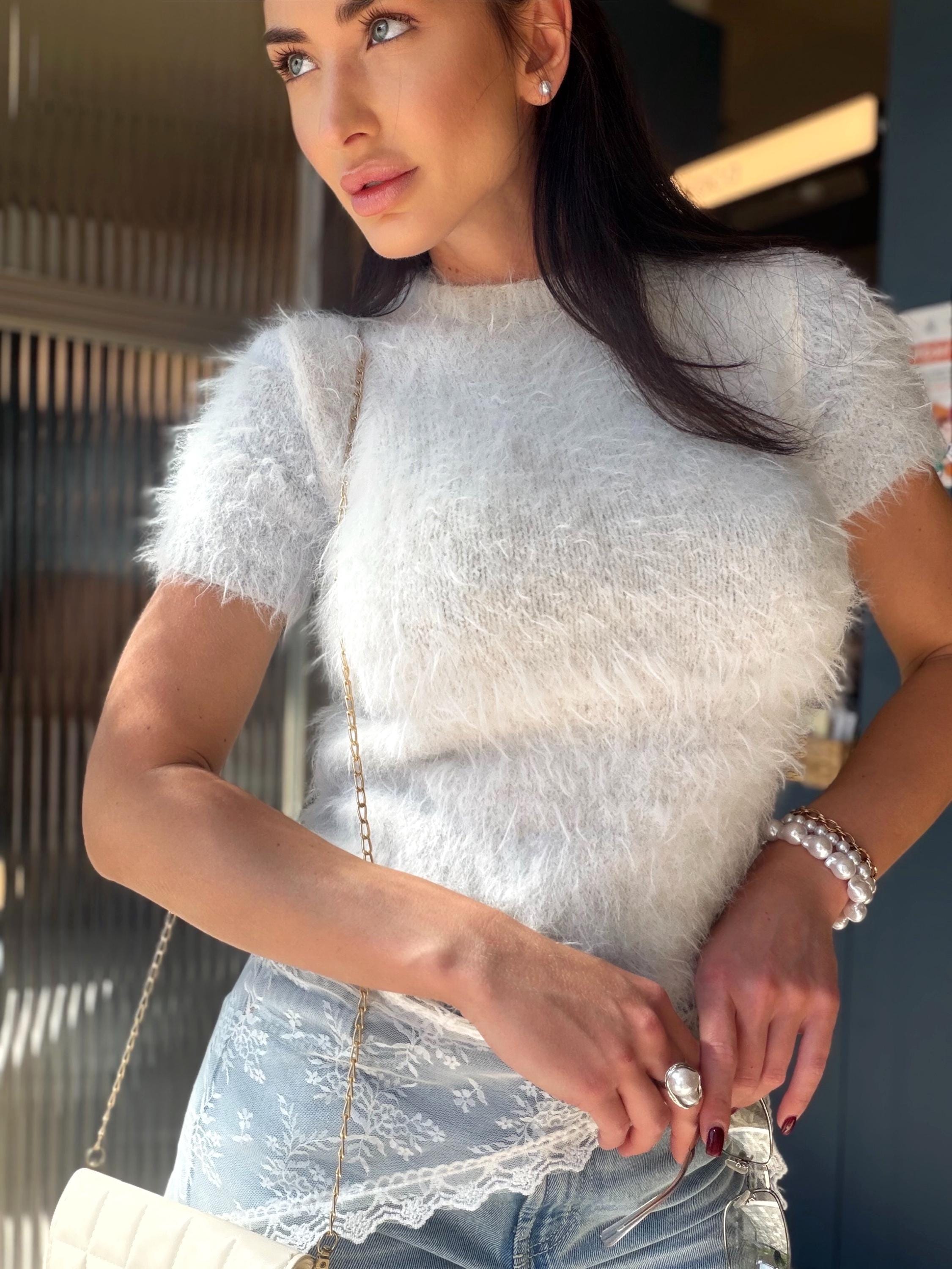 Merino Wool Knit Top Women, Fluffy Sweater Tee, Soft Fuzzy Knit Shirt, Lightweight Spring Summer Pullover, Handmade Luxury Top