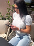 Merino Wool Knit Top Women, Fluffy Sweater Tee, Soft Fuzzy Knit Shirt, Lightweight Spring Summer Pullover, Handmade Luxury Top