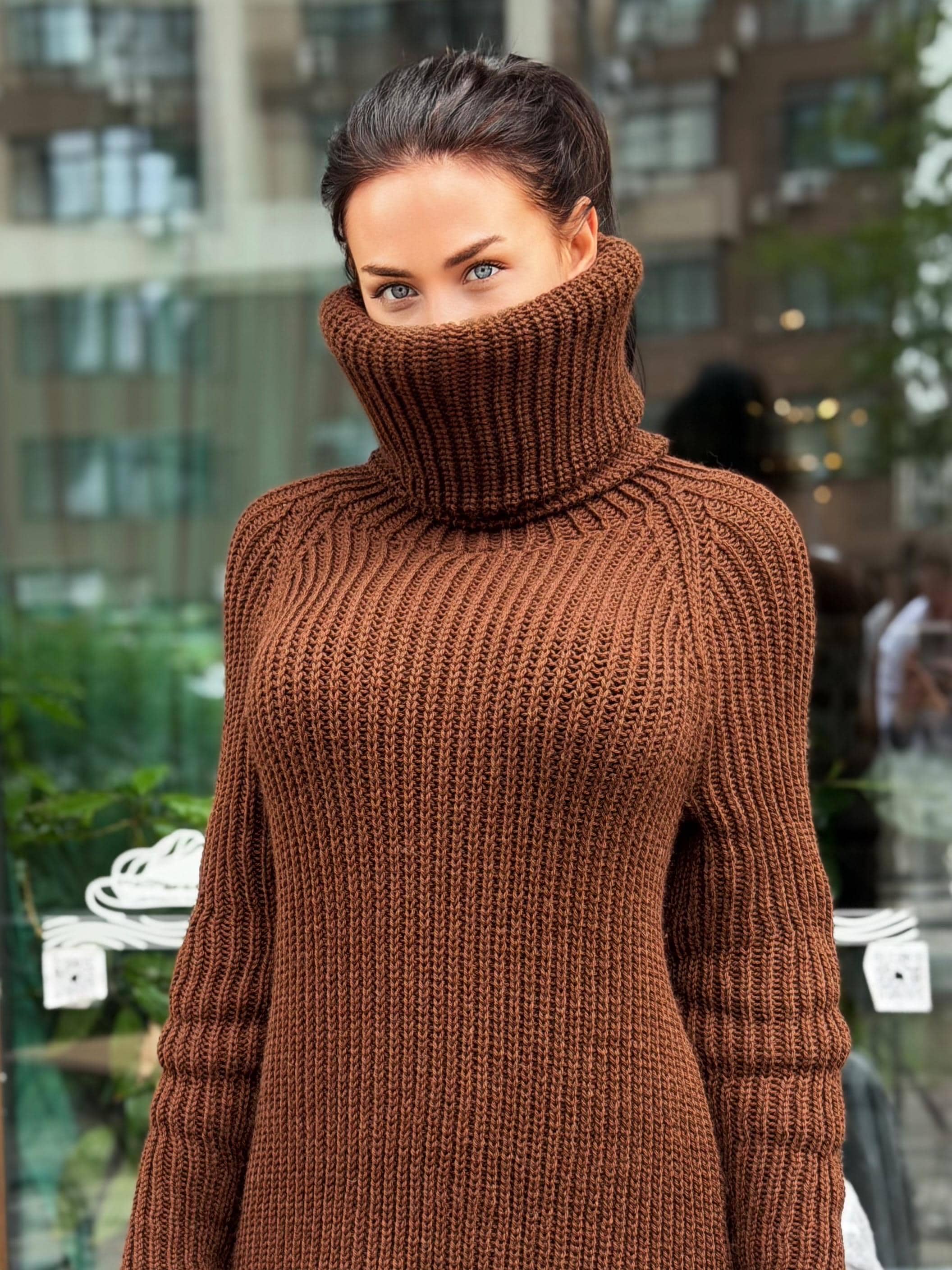 Hand knit merino wool brown chocolate big collar long sweater large turtleneck Cable Knit Pastel wool pullover Chunky knit sweater dress