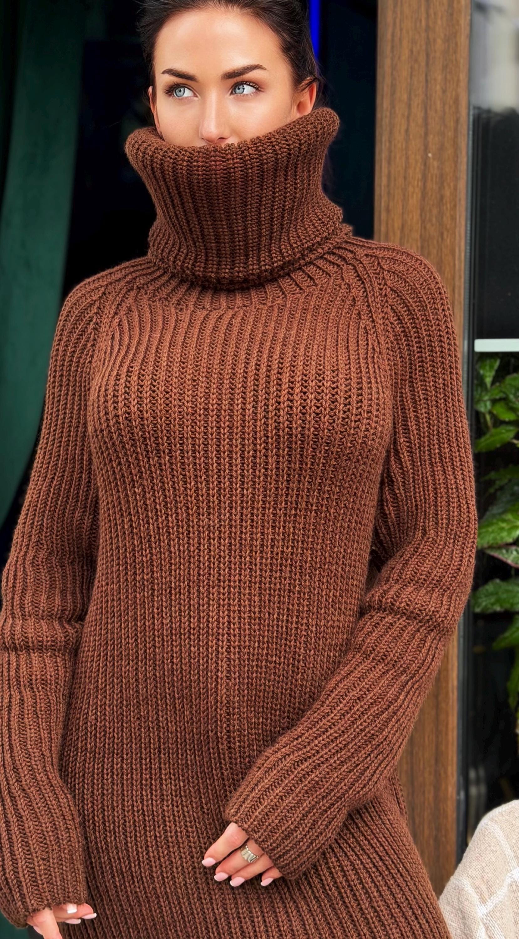 Hand knit merino wool brown chocolate big collar long sweater large turtleneck Cable Knit Pastel wool pullover Chunky knit sweater dress