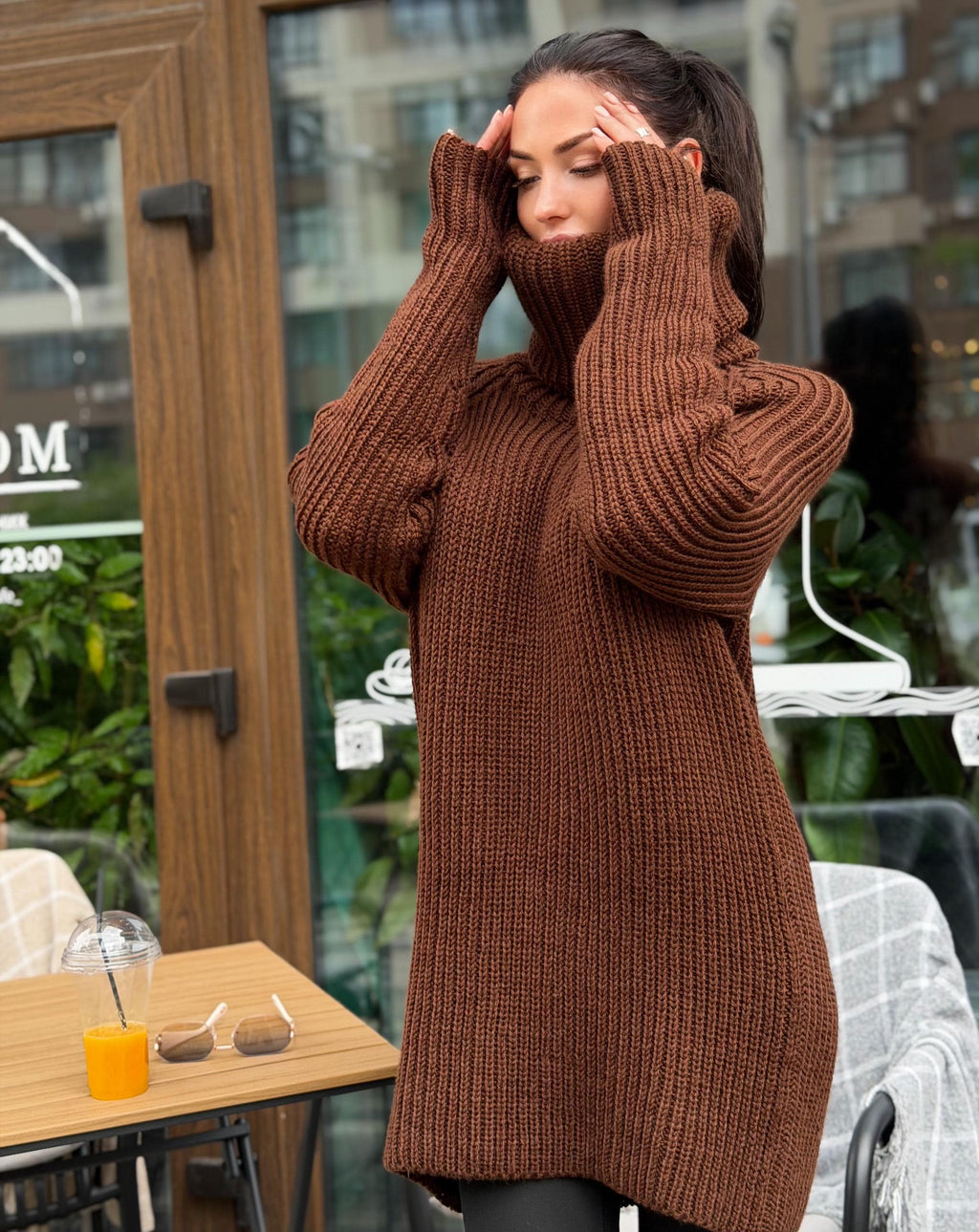 Hand knit merino wool brown chocolate big collar long sweater large turtleneck Cable Knit Pastel wool pullover Chunky knit sweater dress
