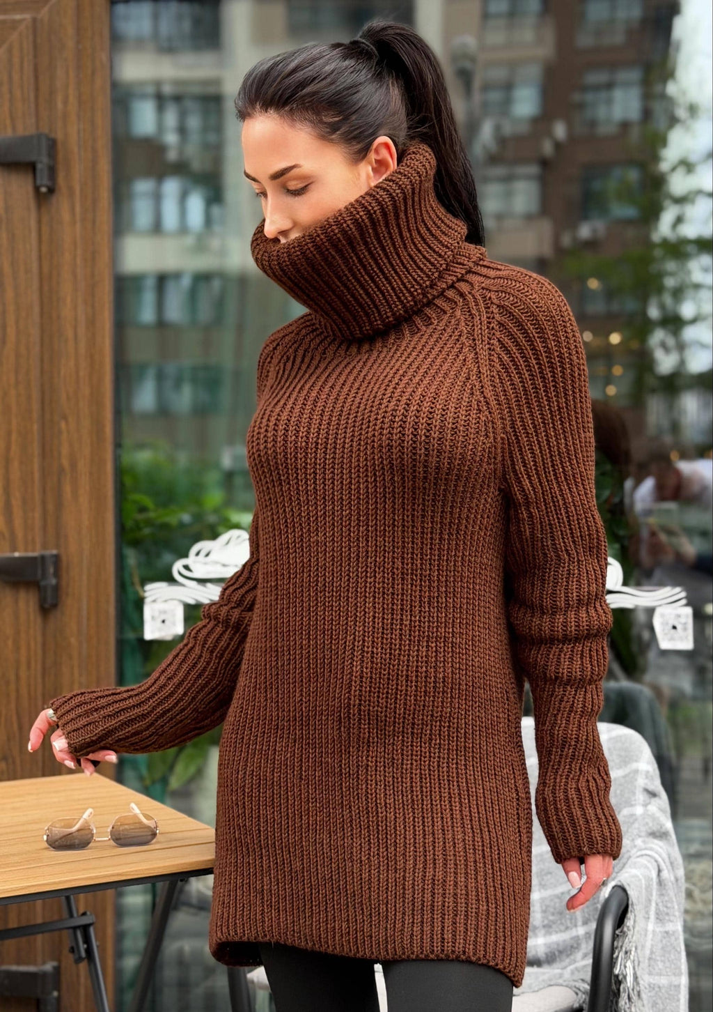 Hand knit merino wool brown chocolate big collar long sweater large turtleneck Cable Knit Pastel wool pullover Chunky knit sweater dress
