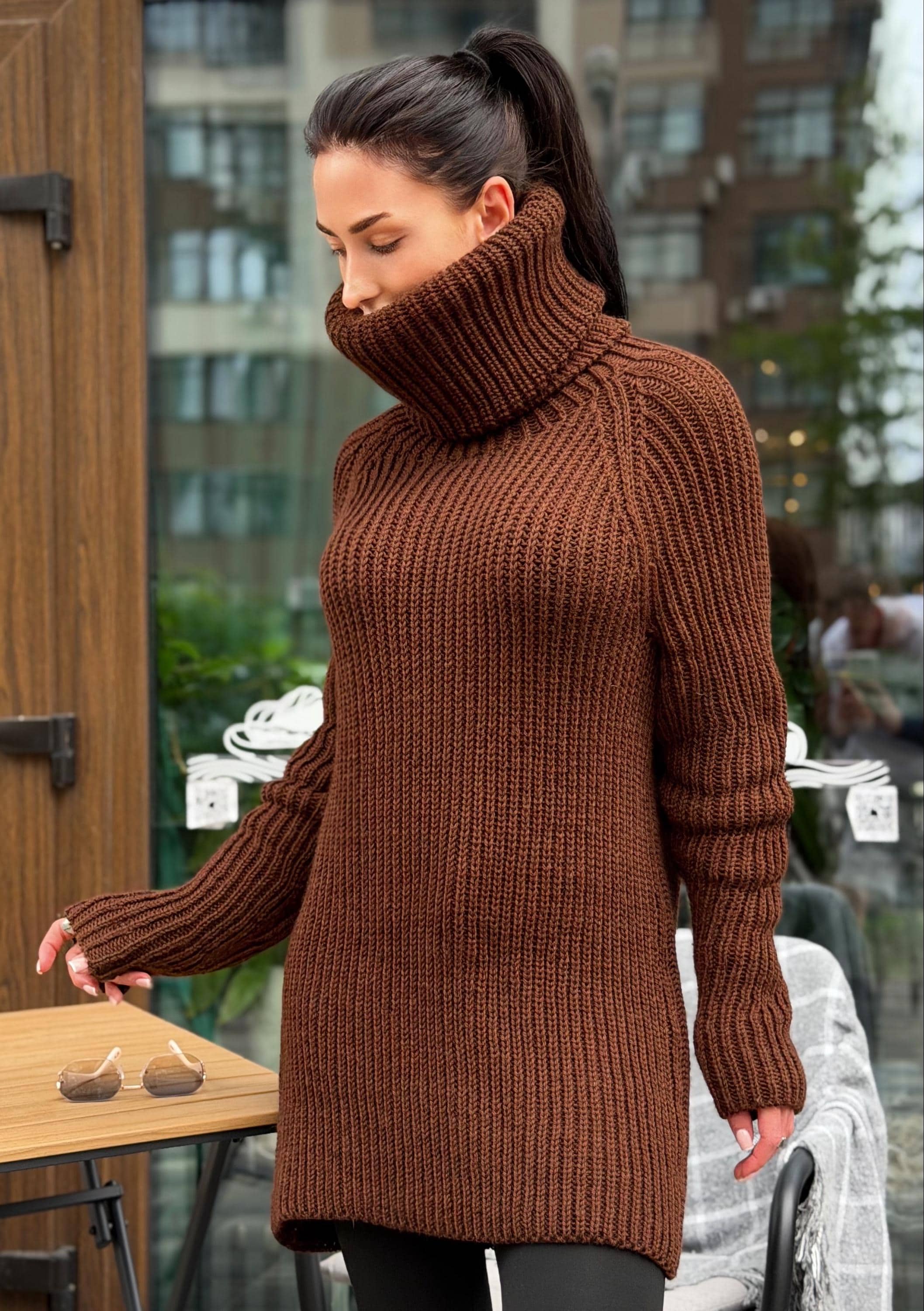 Hand knit merino wool brown chocolate big collar long sweater large turtleneck Cable Knit Pastel wool pullover Chunky knit sweater dress