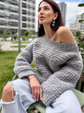 Cable hand knit boucle alpaca wool gray sweater Chunky knit cropped oversize One shoulder big cable knit sweater women