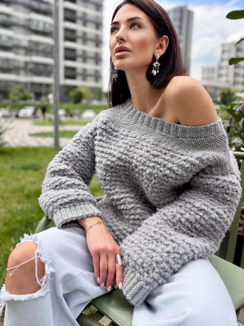 Cable hand knit boucle alpaca wool gray sweater Chunky knit cropped oversize One shoulder big cable knit sweater women