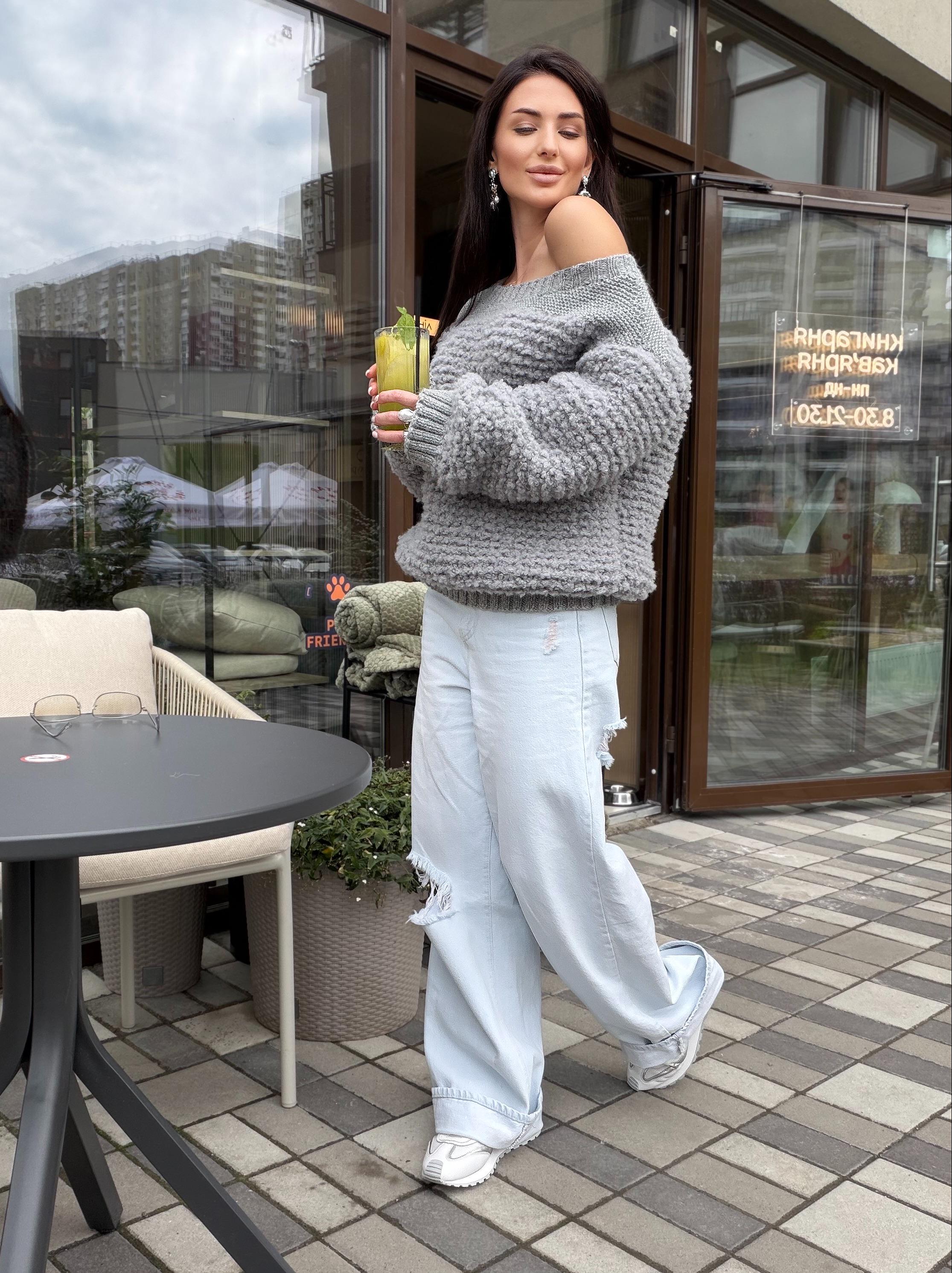 Cable hand knit boucle alpaca wool gray sweater Chunky knit cropped oversize One shoulder big cable knit sweater women