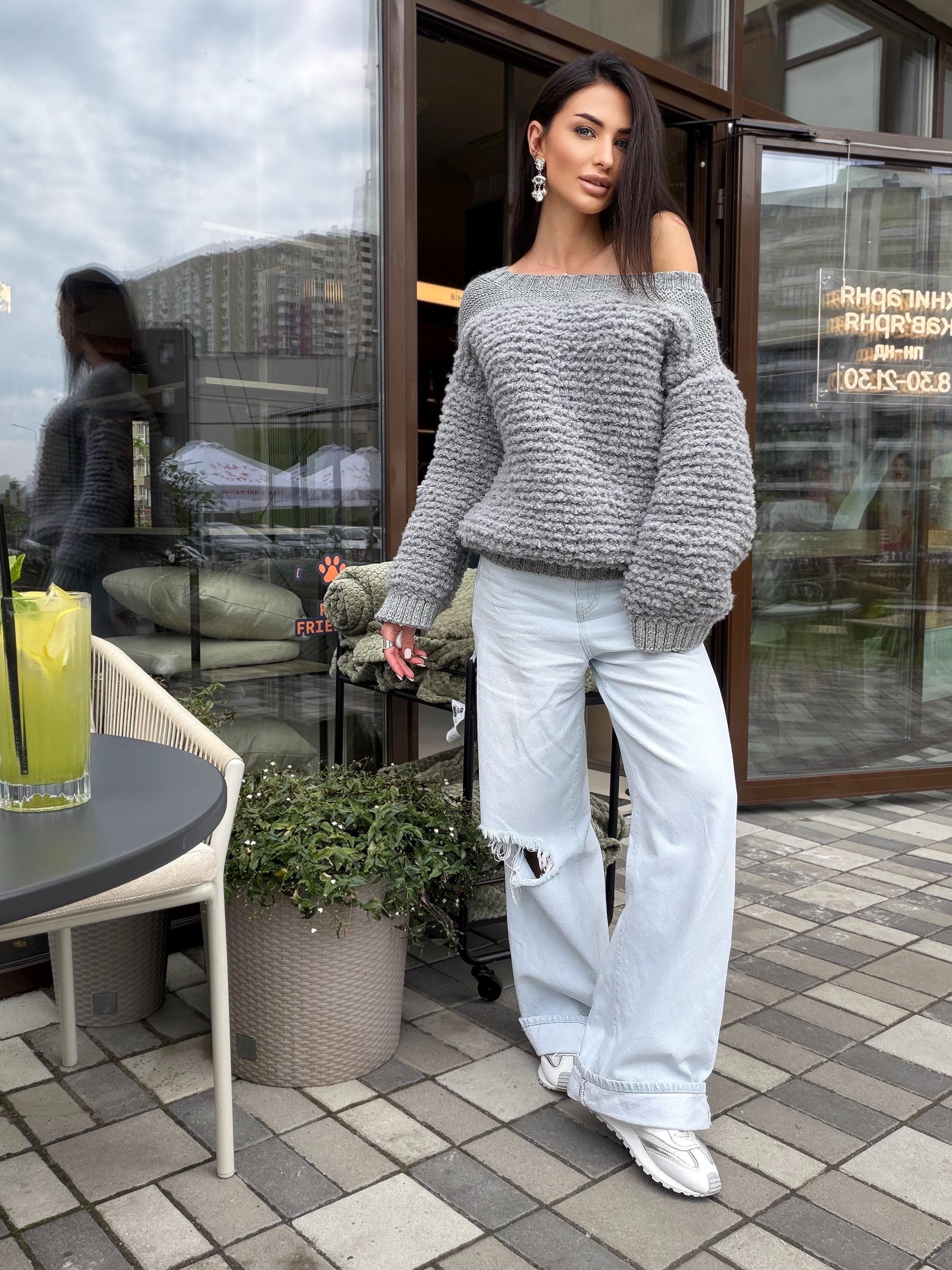 Cable hand knit boucle alpaca wool gray sweater Chunky knit cropped oversize One shoulder big cable knit sweater women