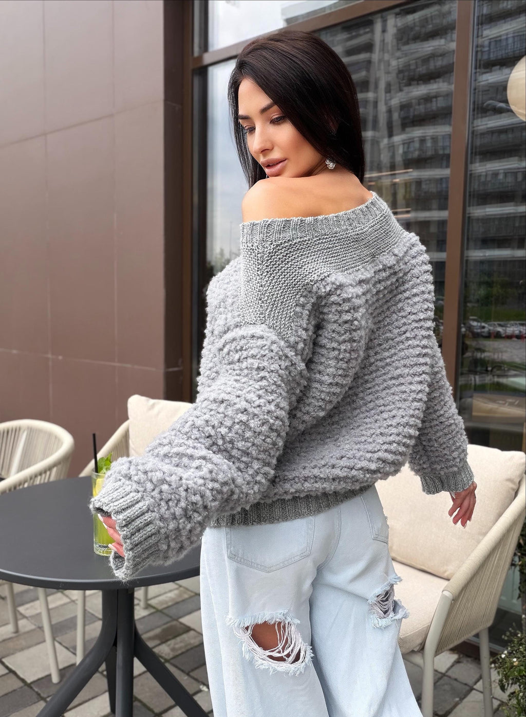 Cable hand knit boucle alpaca wool gray sweater Chunky knit cropped oversize One shoulder big cable knit sweater women