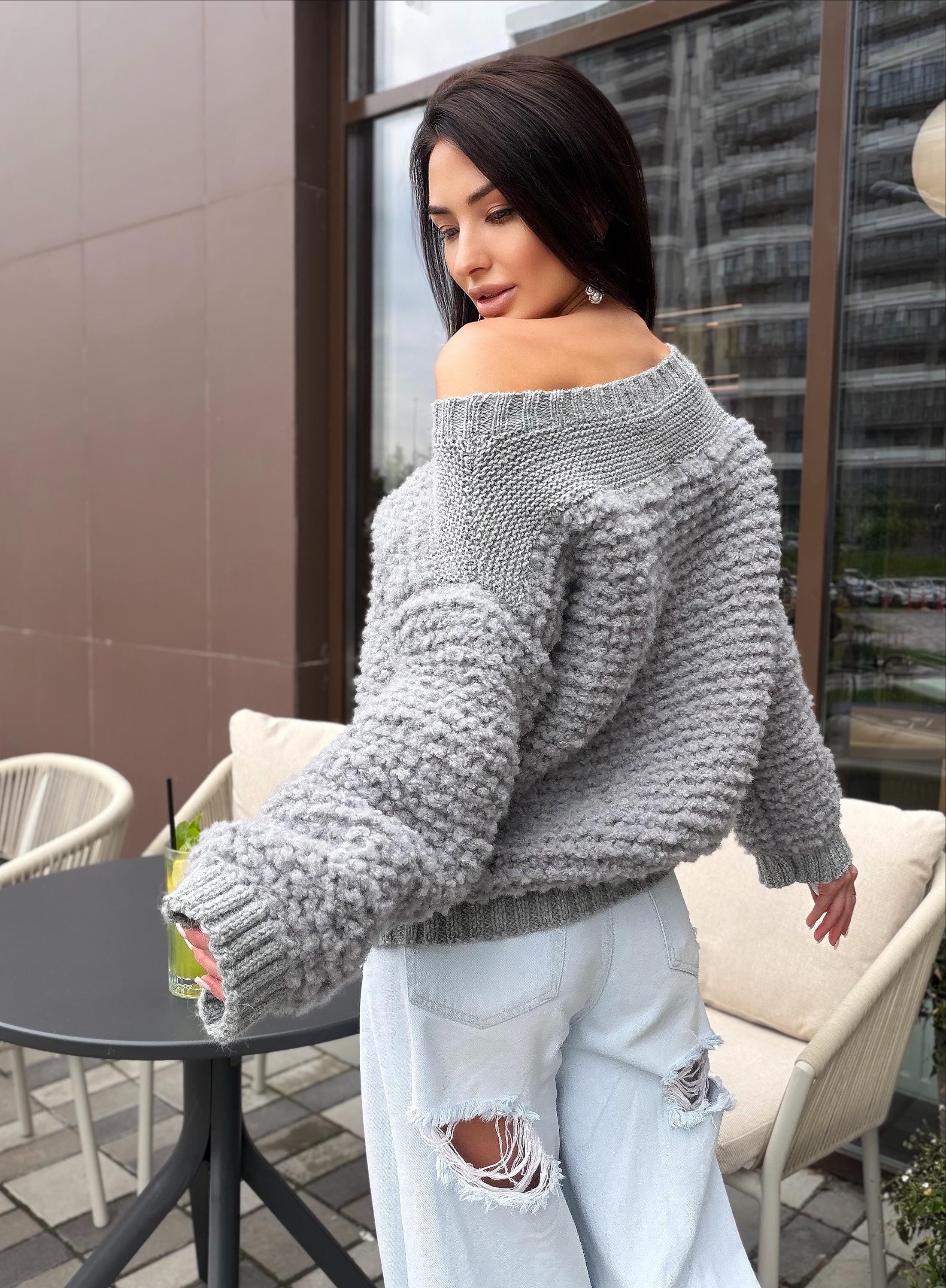 Cable hand knit boucle alpaca wool gray sweater Chunky knit cropped oversize One shoulder big cable knit sweater women