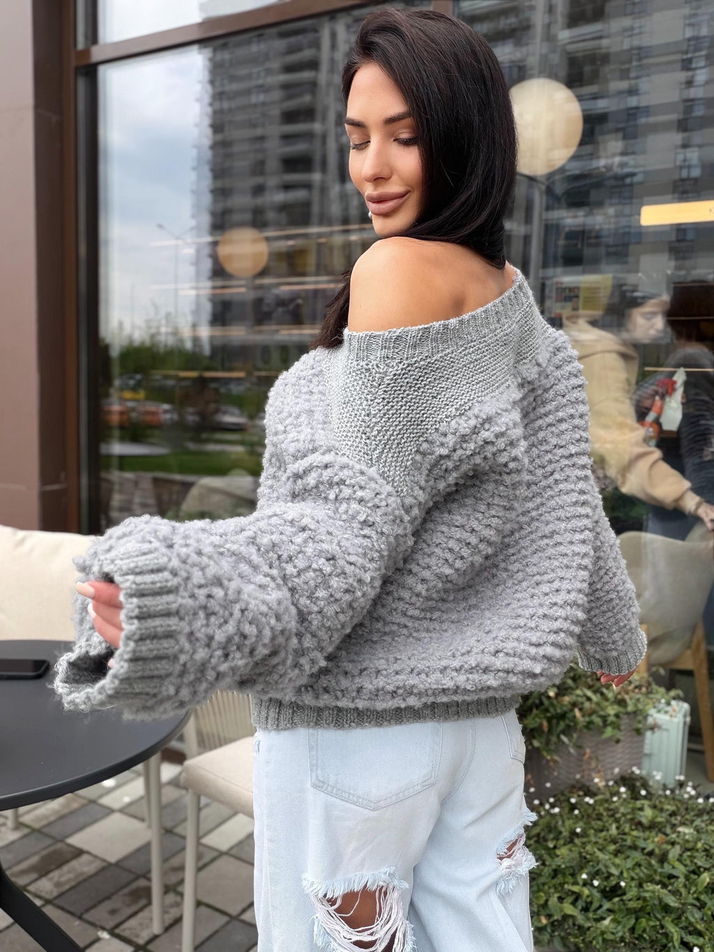Cable hand knit boucle alpaca wool gray sweater Chunky knit cropped oversize One shoulder big cable knit sweater women