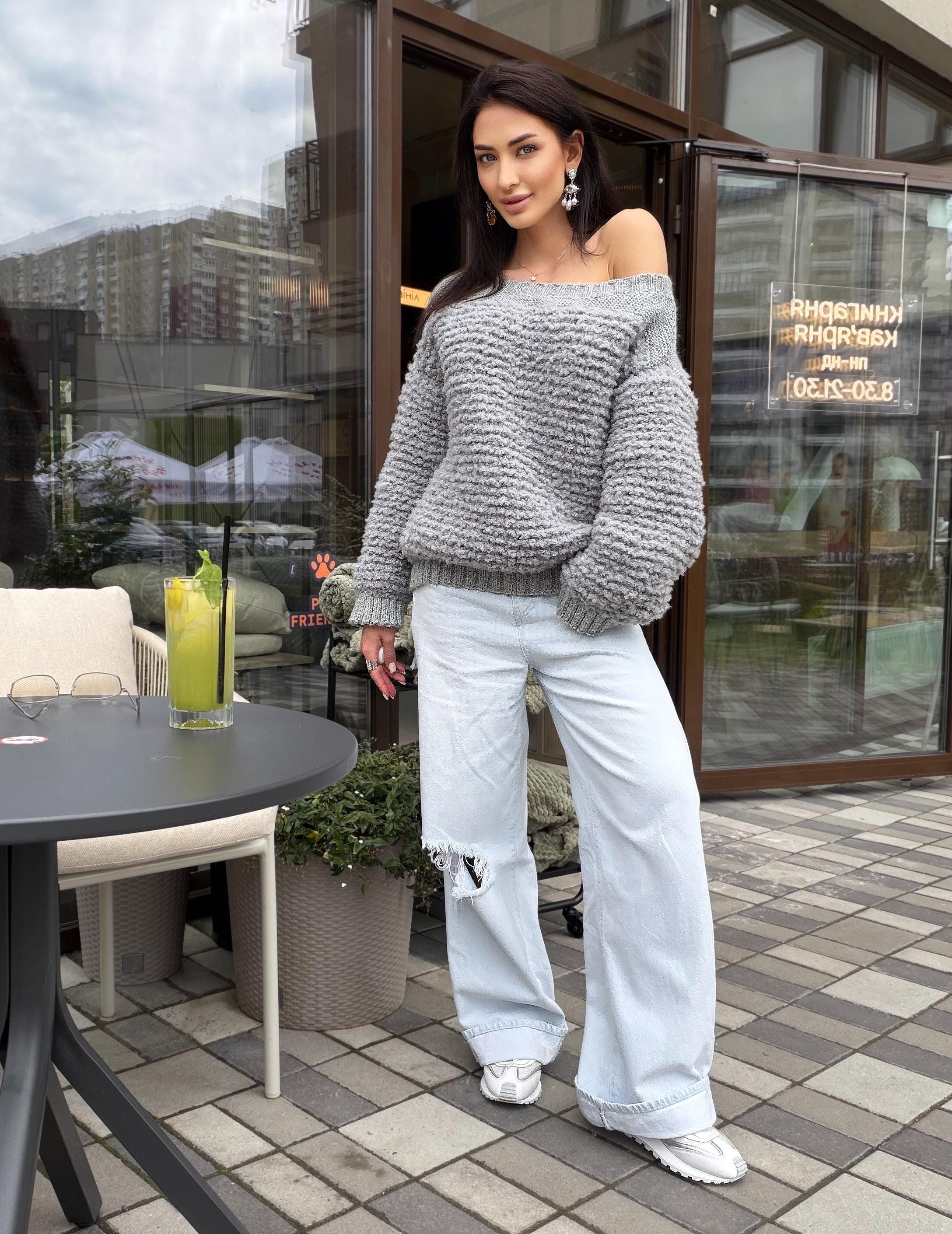 Cable hand knit boucle alpaca wool gray sweater Chunky knit cropped oversize One shoulder big cable knit sweater women