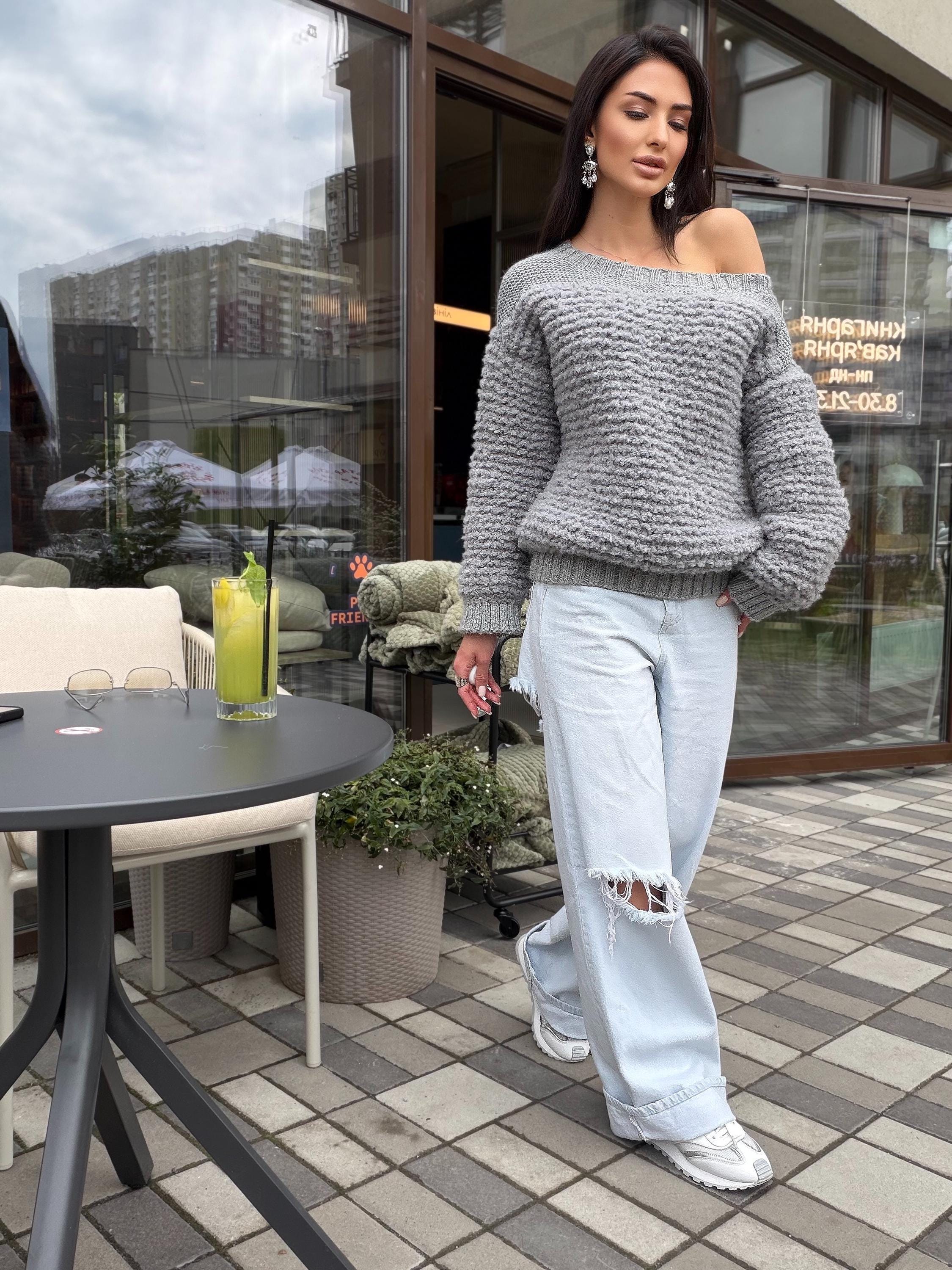 Cable hand knit boucle alpaca wool gray sweater Chunky knit cropped oversize One shoulder big cable knit sweater women