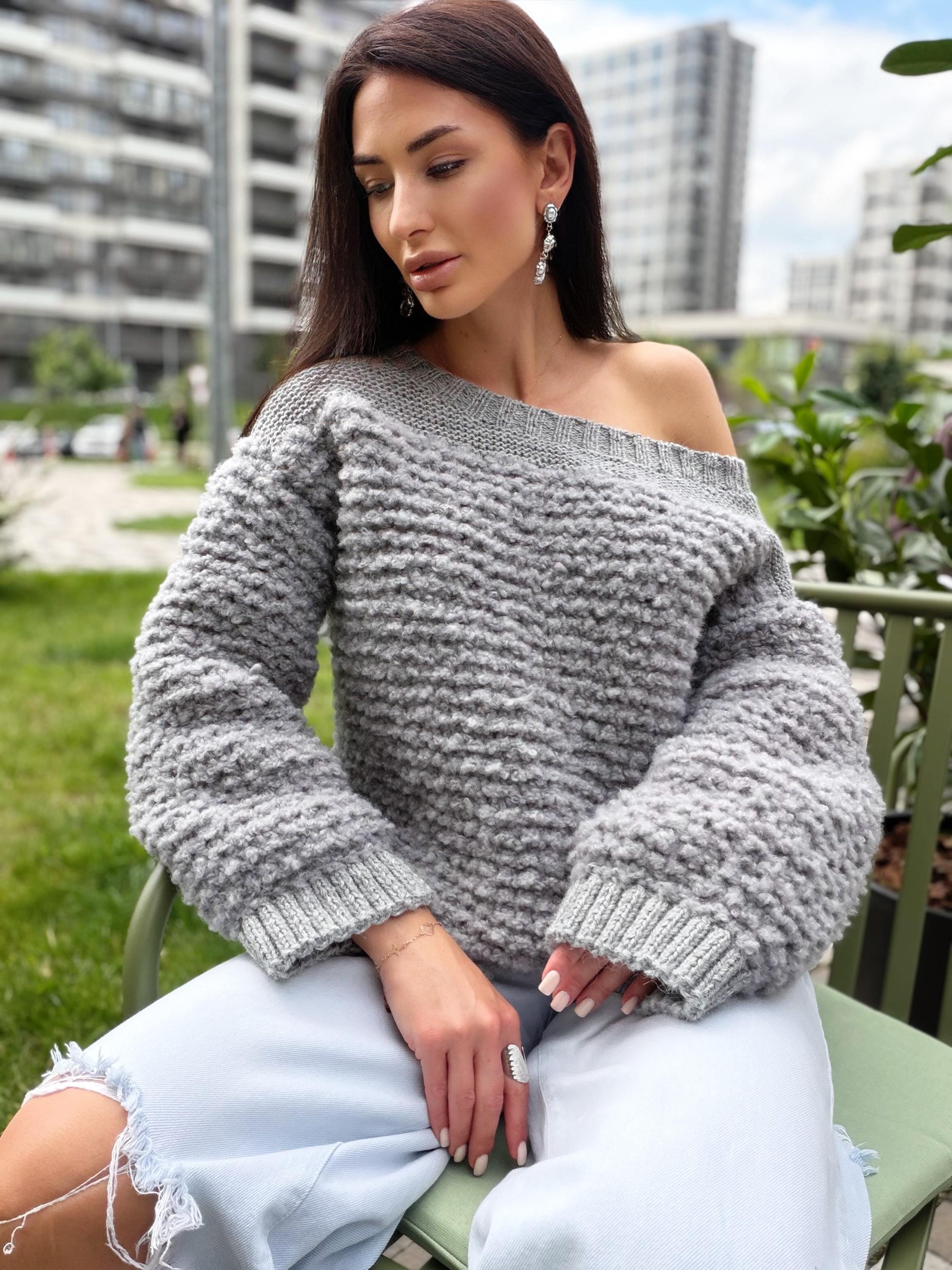 Cable hand knit boucle alpaca wool gray sweater Chunky knit cropped oversize One shoulder big cable knit sweater women
