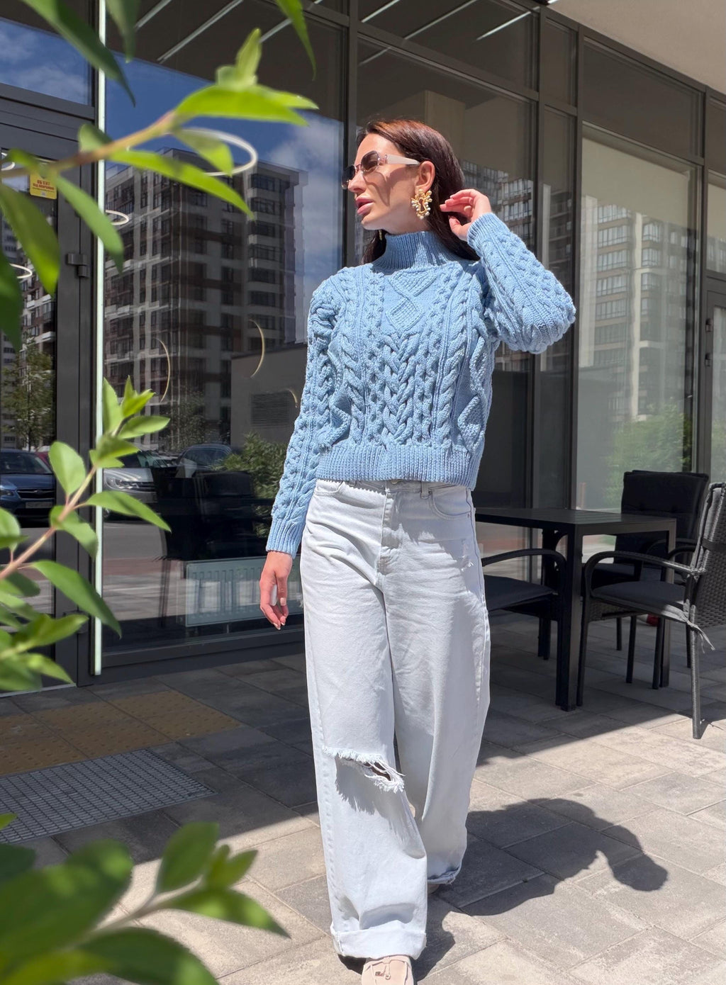 Handmade merino wool sky blue cable knit scandinavian sweater turtleneck pullover Chunky crop knit jumper Custom hand knit clothing