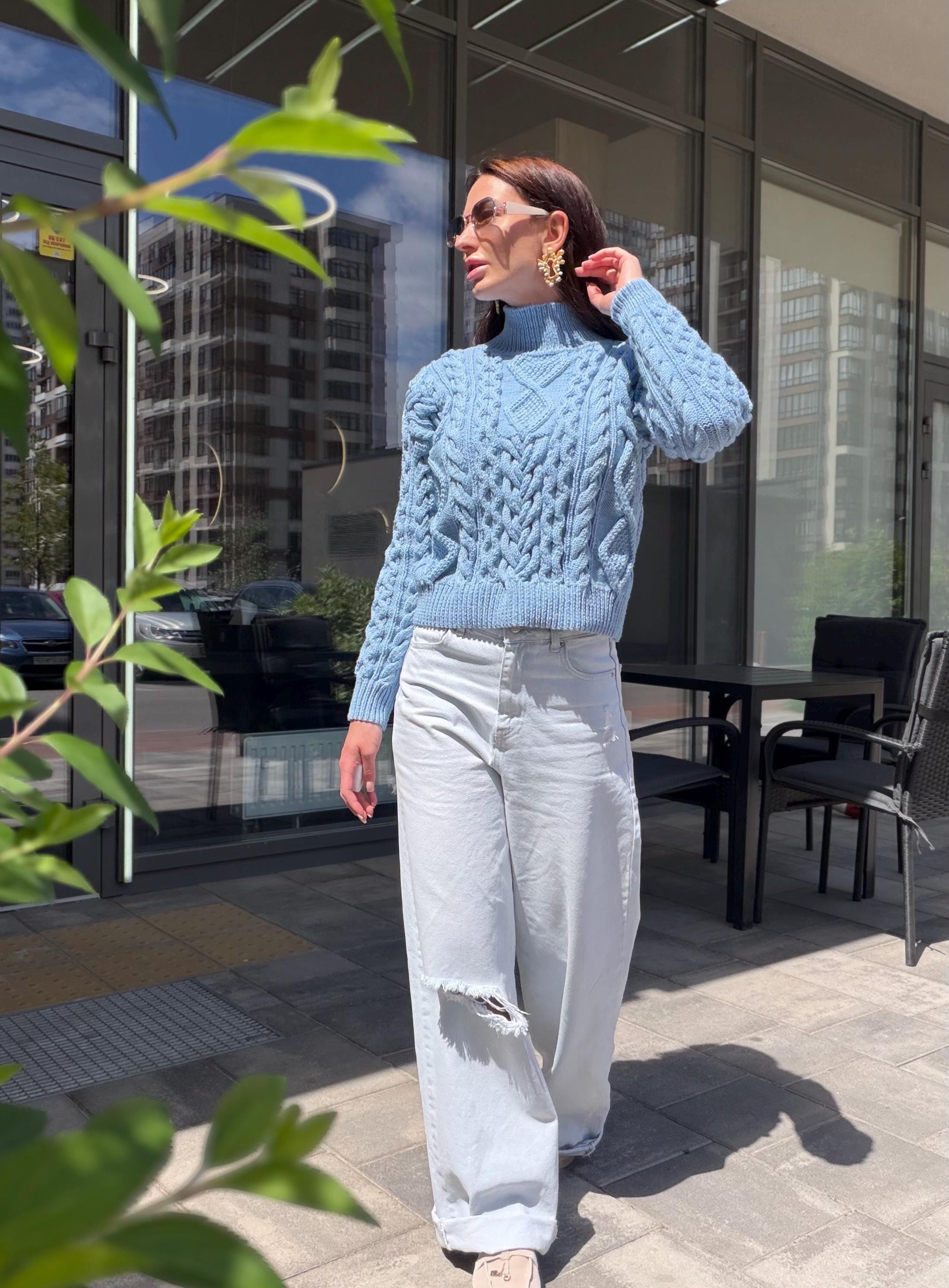 Handmade merino wool sky blue cable knit scandinavian sweater turtleneck pullover Chunky crop knit jumper Custom hand knit clothing