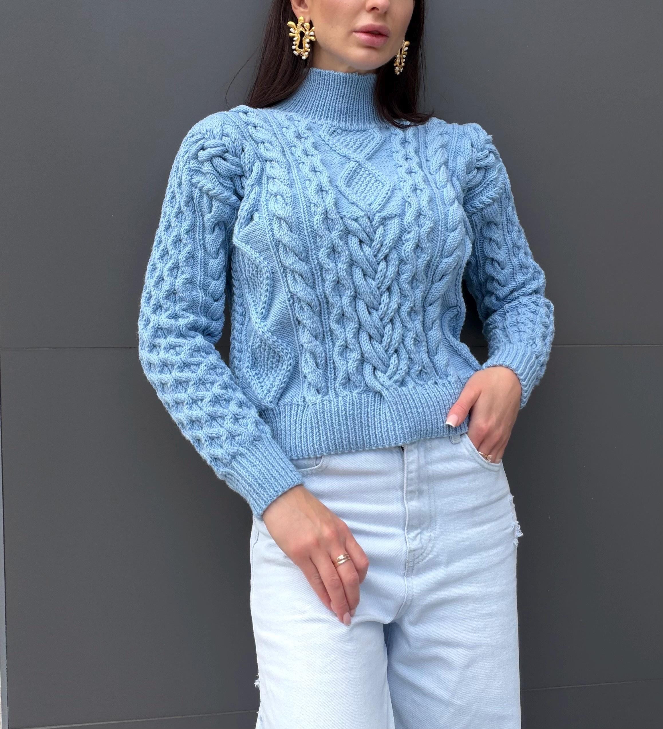 Handmade merino wool sky blue cable knit scandinavian sweater turtleneck pullover Chunky crop knit jumper Custom hand knit clothing