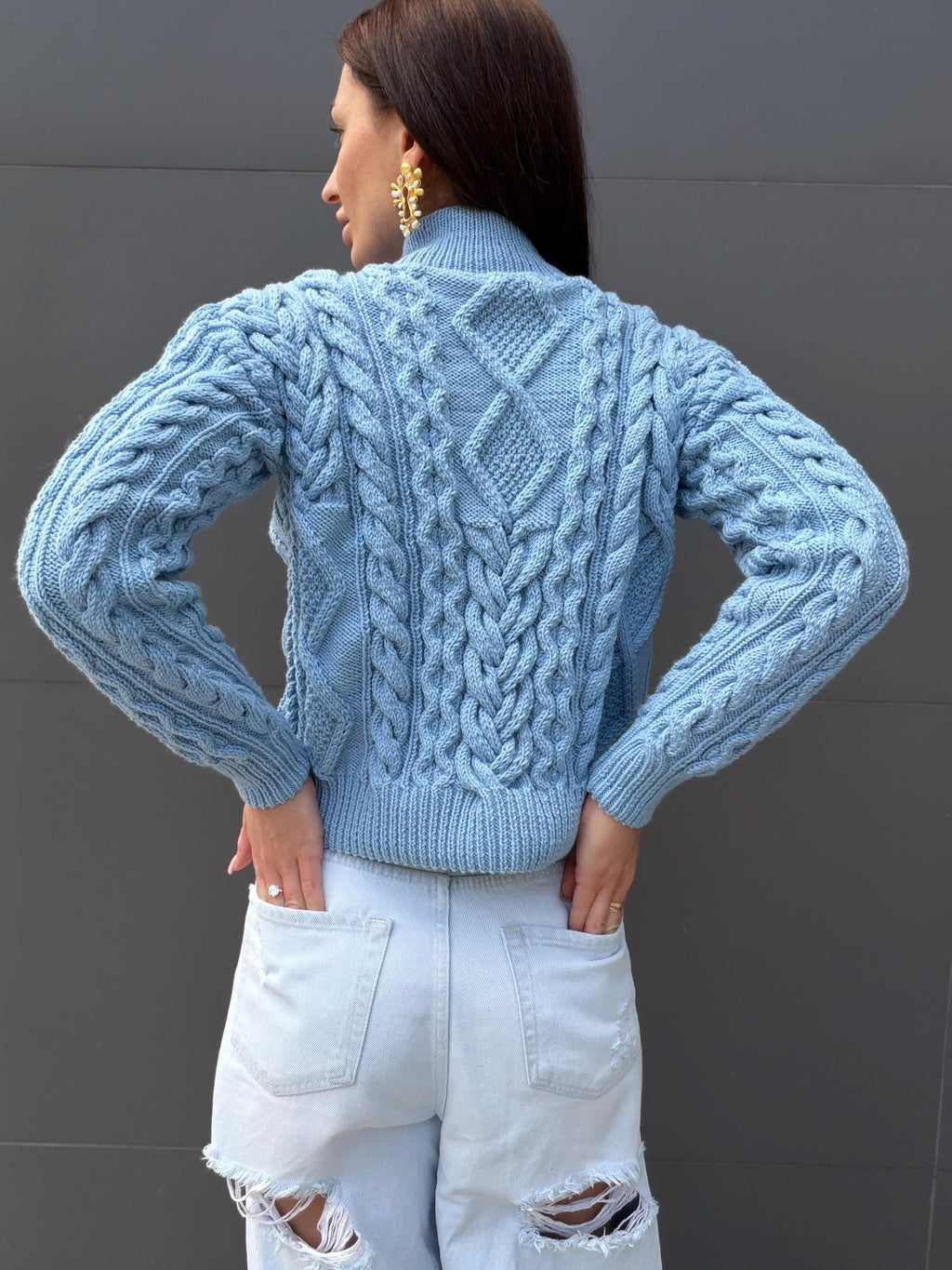 Handmade merino wool sky blue cable knit scandinavian sweater turtleneck pullover Chunky crop knit jumper Custom hand knit clothing