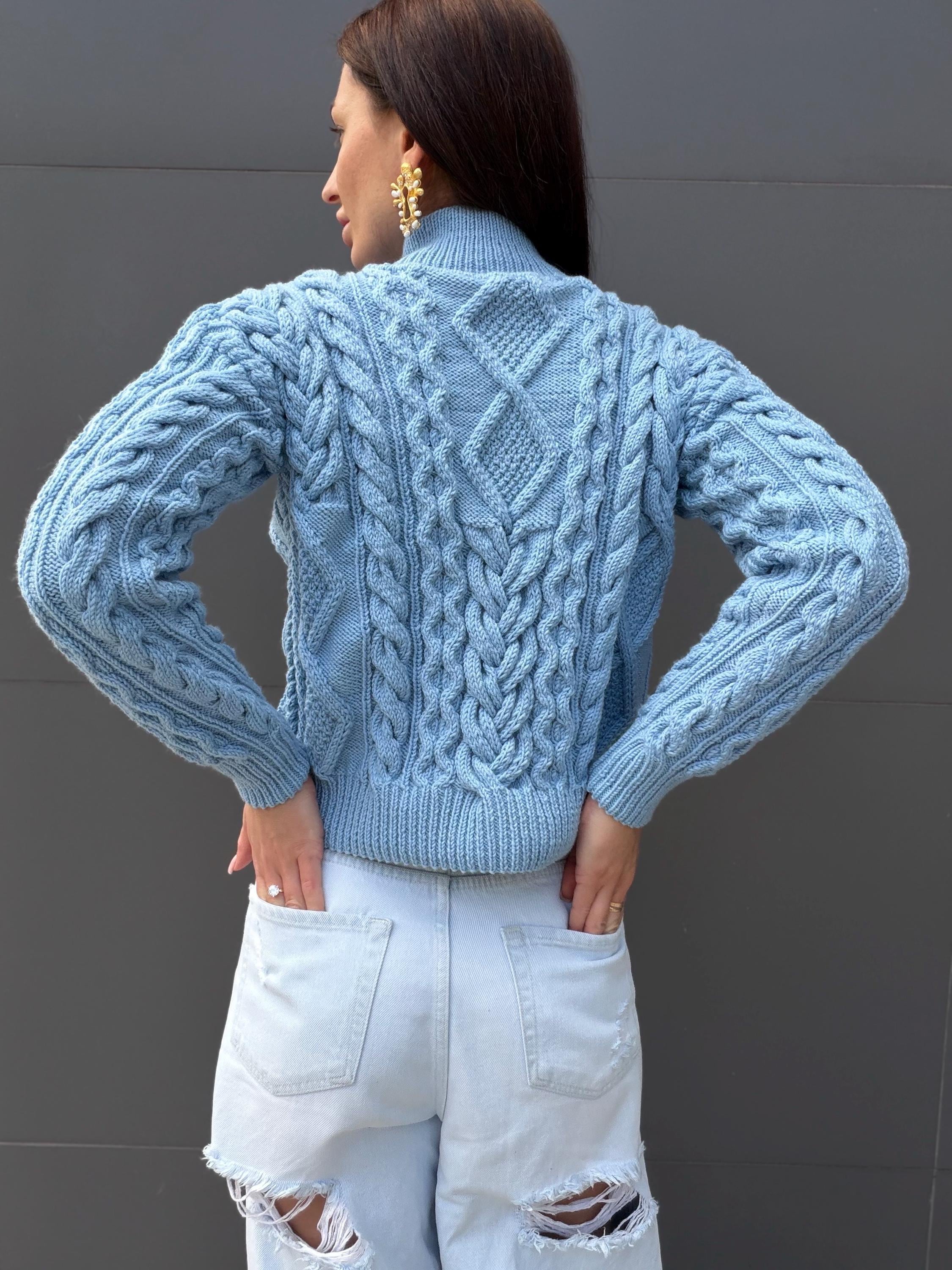 Handmade merino wool sky blue cable knit scandinavian sweater turtleneck pullover Chunky crop knit jumper Custom hand knit clothing