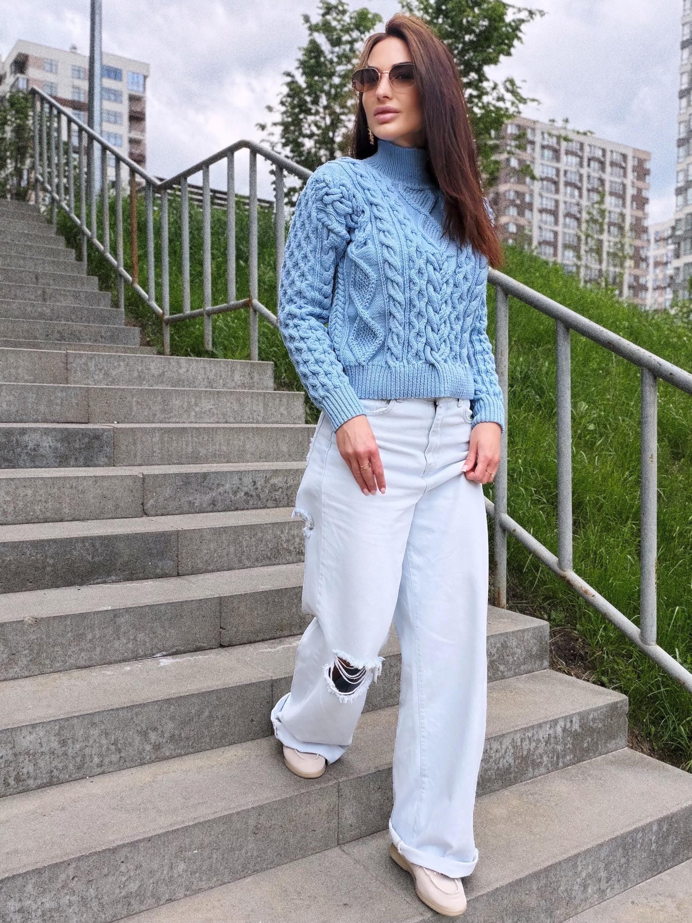 Handmade merino wool sky blue cable knit scandinavian sweater turtleneck pullover Chunky crop knit jumper Custom hand knit clothing