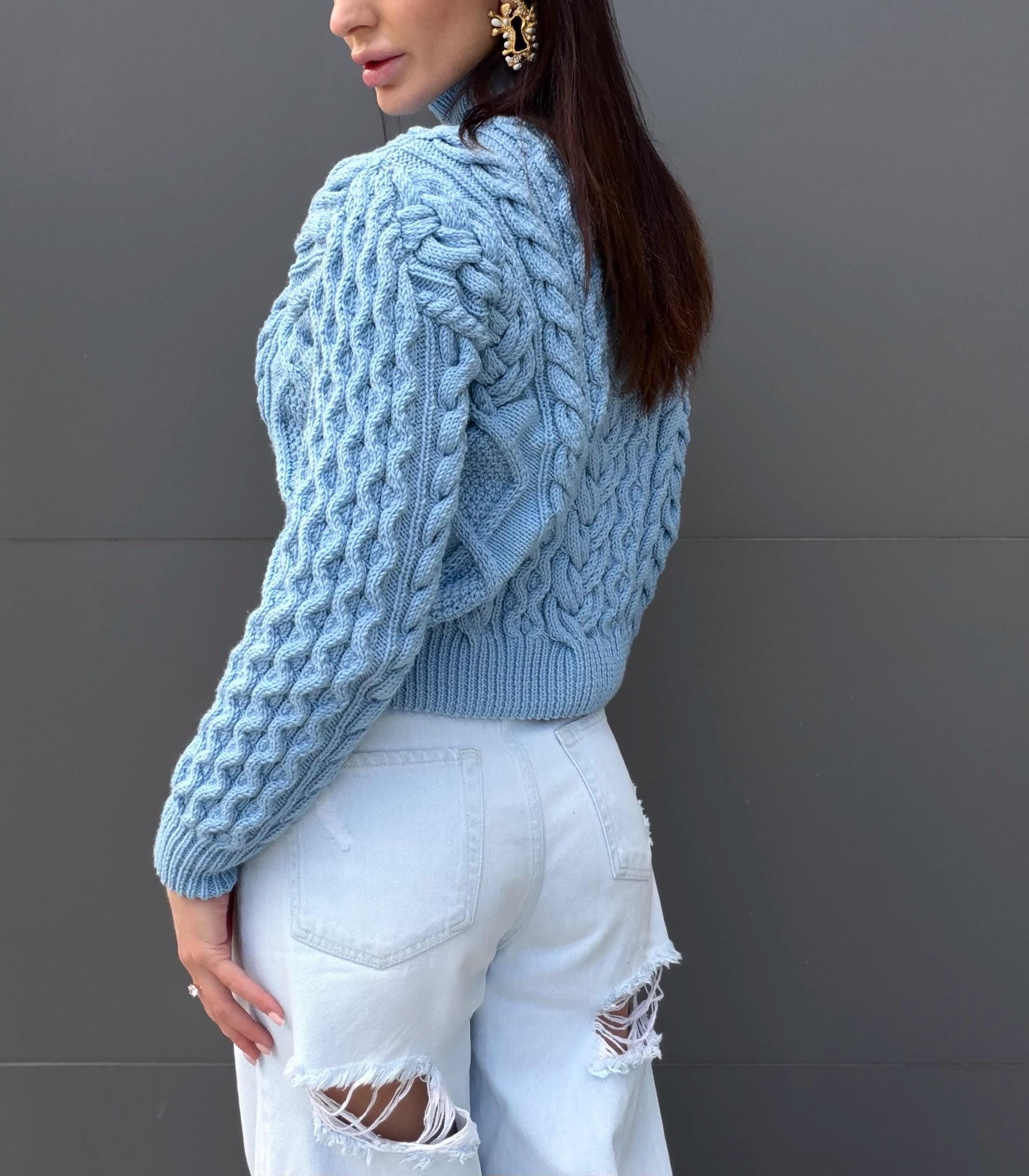 Handmade merino wool sky blue cable knit scandinavian sweater turtleneck pullover Chunky crop knit jumper Custom hand knit clothing