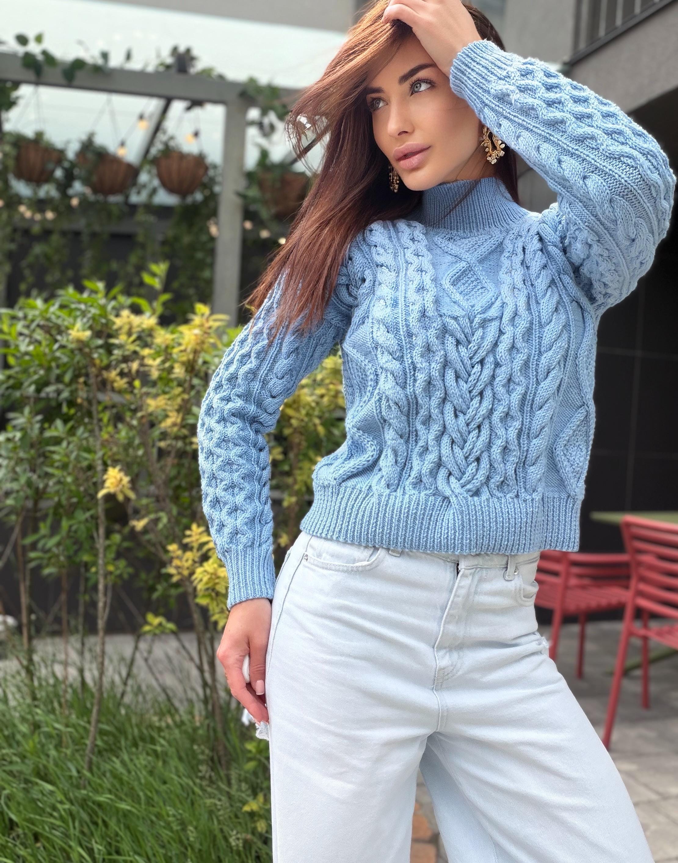 Handmade merino wool sky blue cable knit scandinavian sweater turtleneck pullover Chunky crop knit jumper Custom hand knit clothing