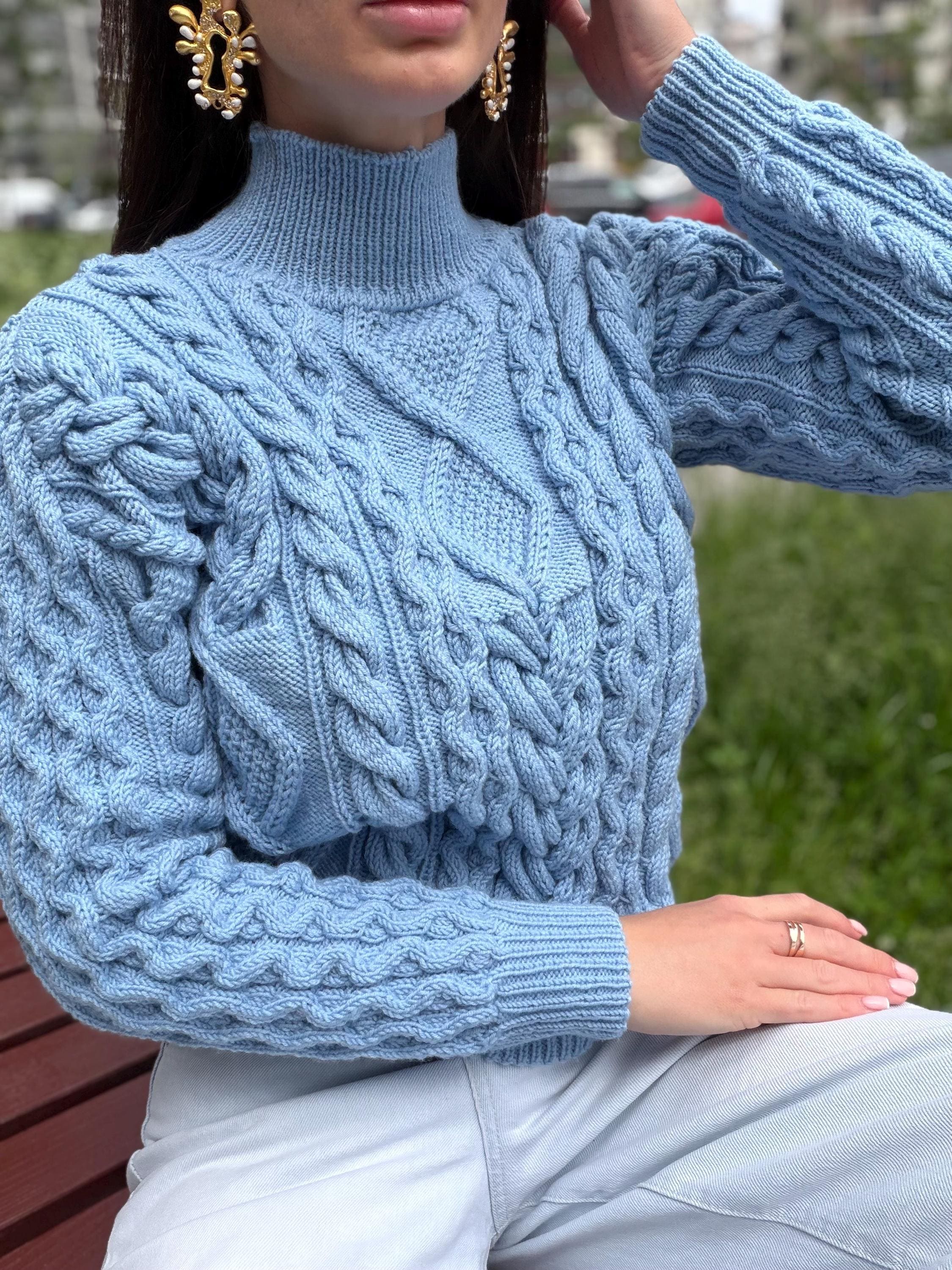 Handmade merino wool sky blue cable knit scandinavian sweater turtleneck pullover Chunky crop knit jumper Custom hand knit clothing