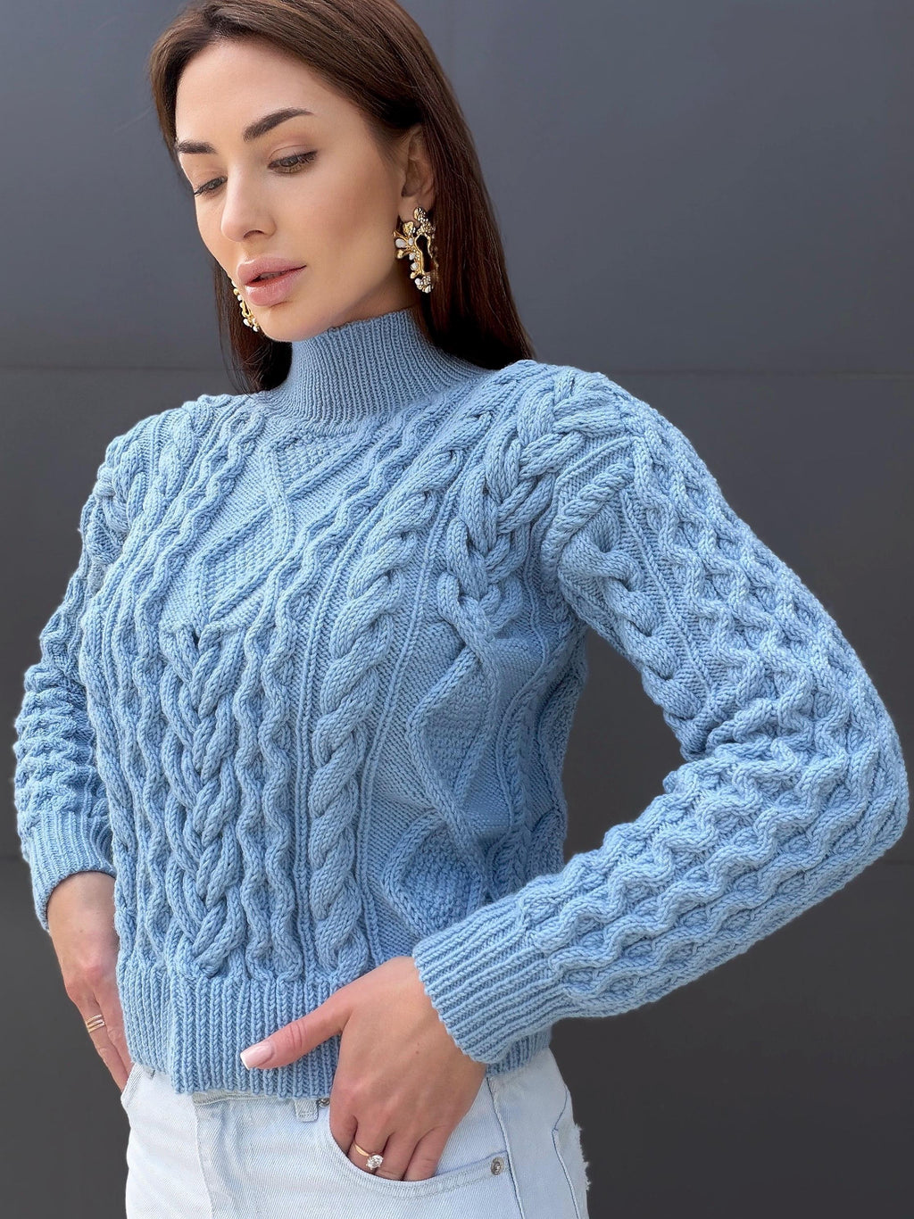 Handmade merino wool sky blue cable knit scandinavian sweater turtleneck pullover Chunky crop knit jumper Custom hand knit clothing