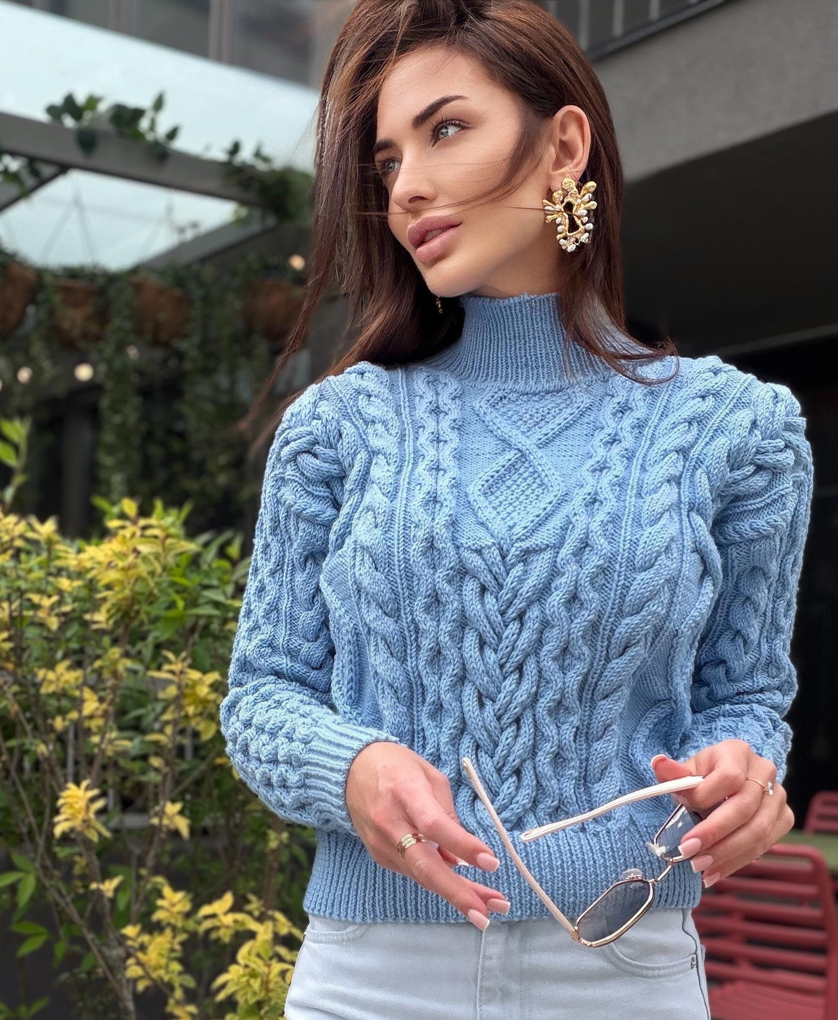 Handmade merino wool sky blue cable knit scandinavian sweater turtleneck pullover Chunky crop knit jumper Custom hand knit clothing