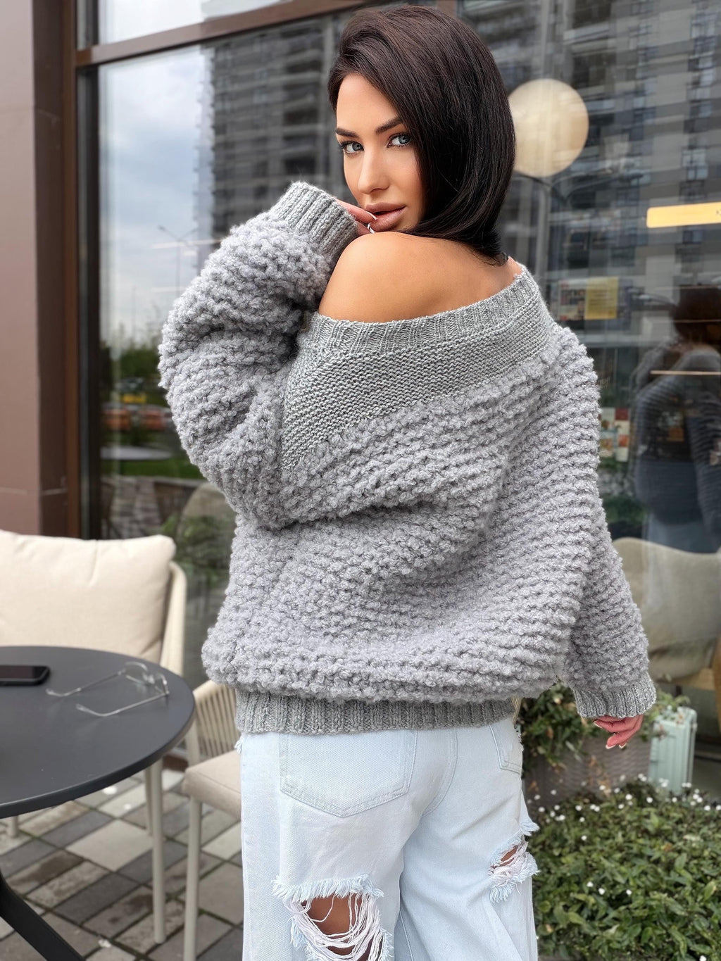 Cable hand knit boucle alpaca wool gray sweater Chunky knit cropped oversize One shoulder big cable knit sweater women