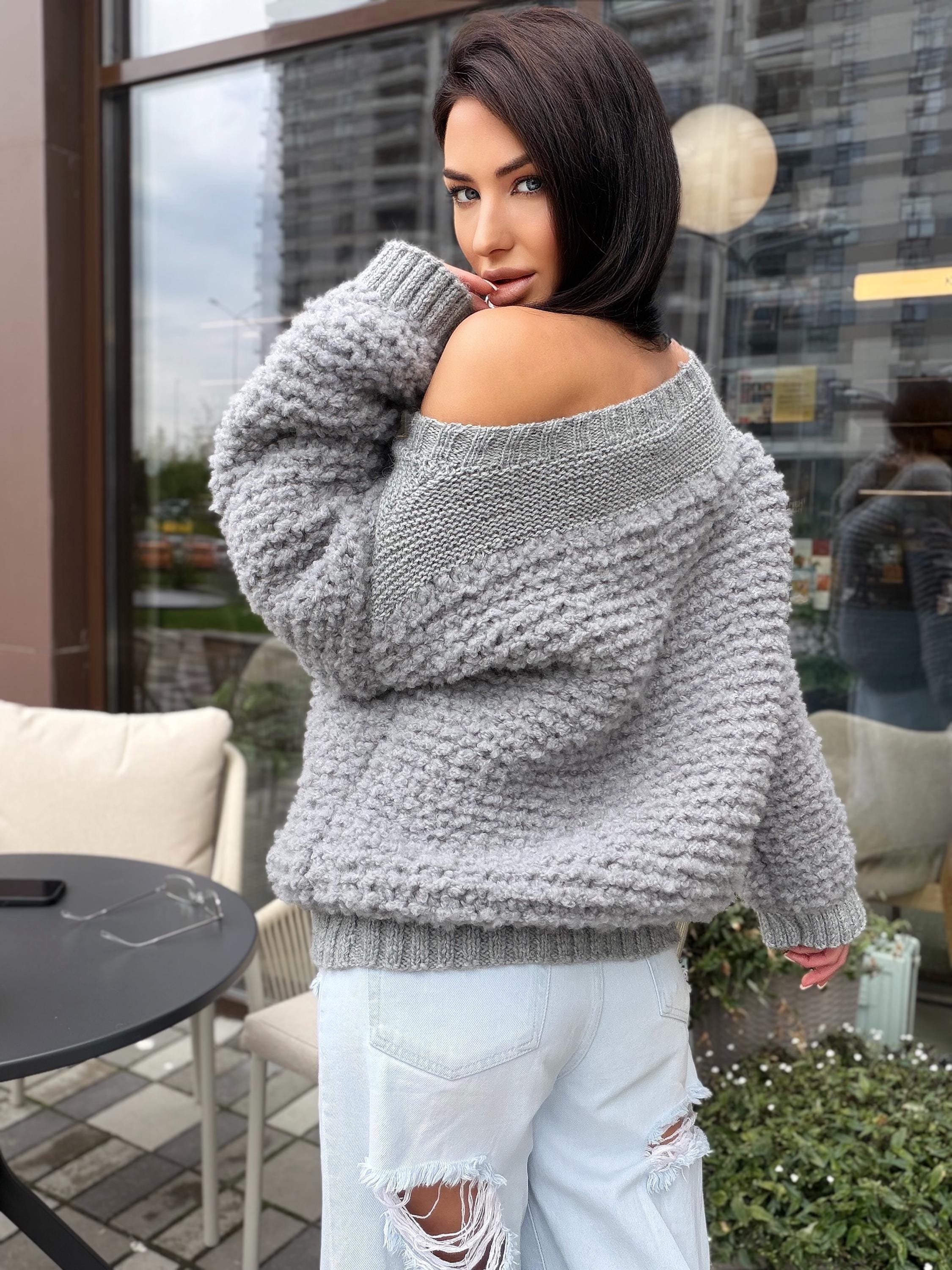 Cable hand knit boucle alpaca wool gray sweater Chunky knit cropped oversize One shoulder big cable knit sweater women