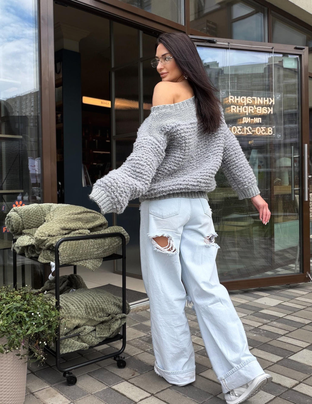 Cable hand knit boucle alpaca wool gray sweater Chunky knit cropped oversize One shoulder big cable knit sweater women