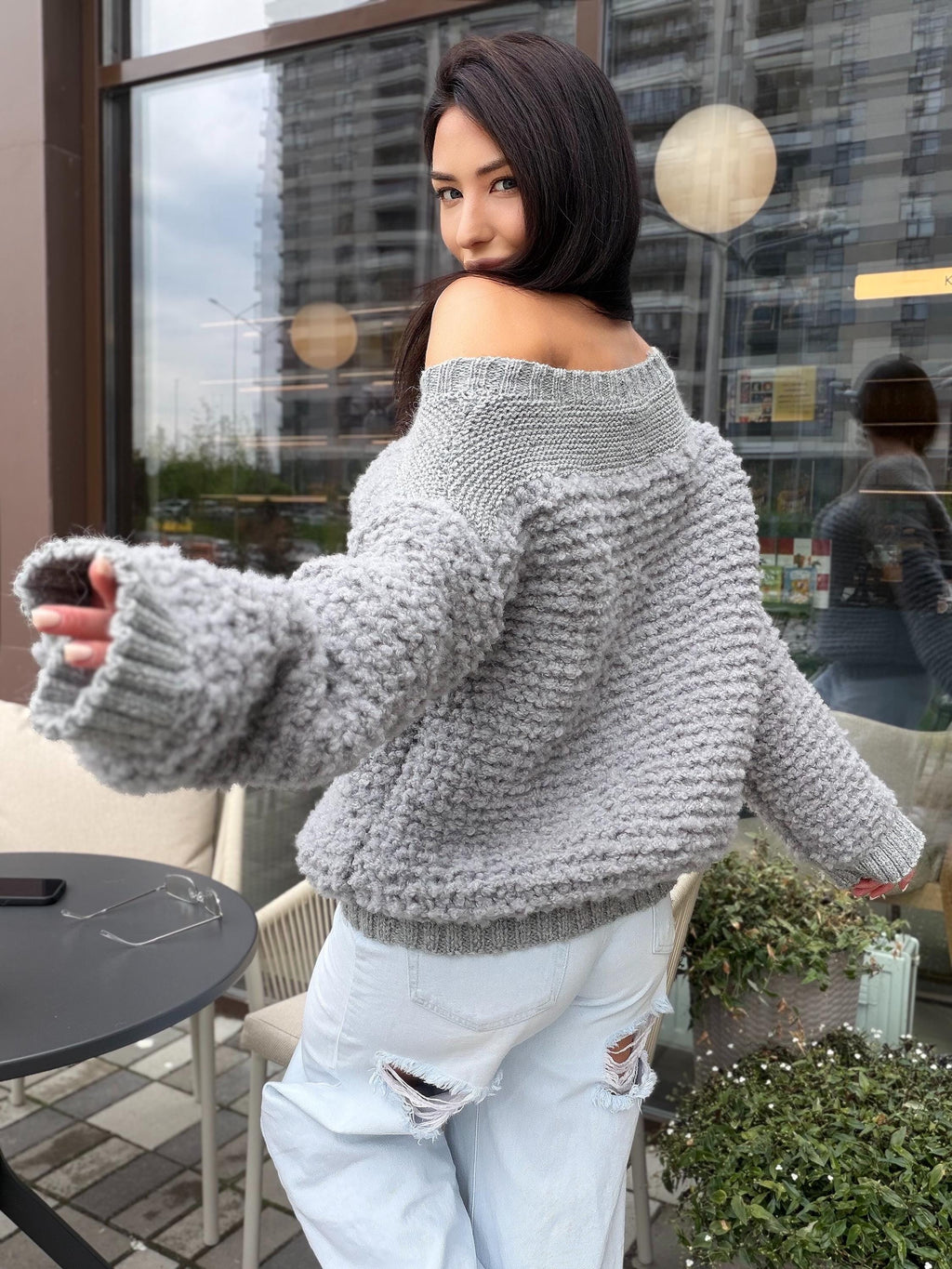 Cable hand knit boucle alpaca wool gray sweater Chunky knit cropped oversize One shoulder big cable knit sweater women