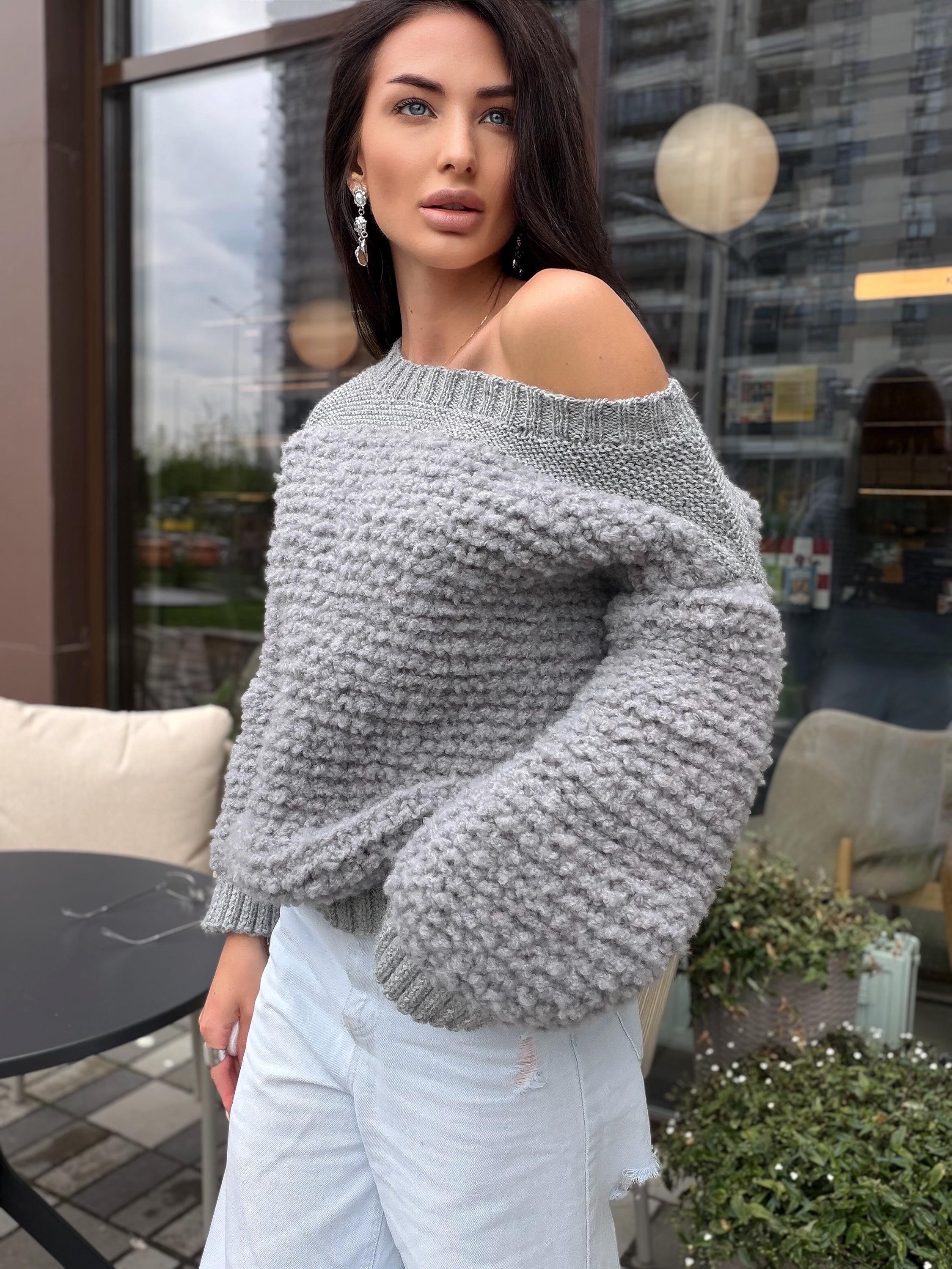 Cable hand knit boucle alpaca wool gray sweater Chunky knit cropped oversize One shoulder big cable knit sweater women