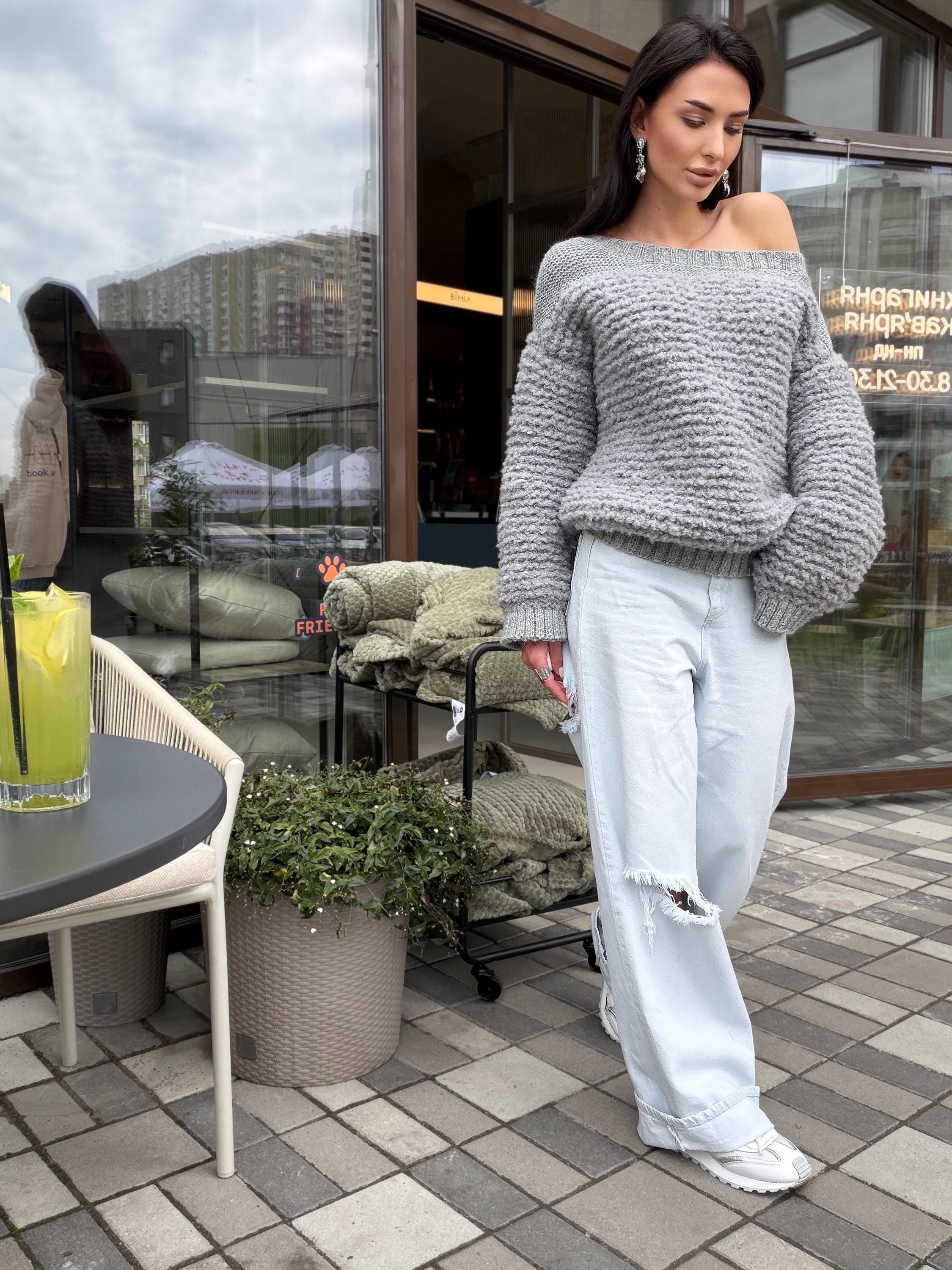 Cable hand knit boucle alpaca wool gray sweater Chunky knit cropped oversize One shoulder big cable knit sweater women