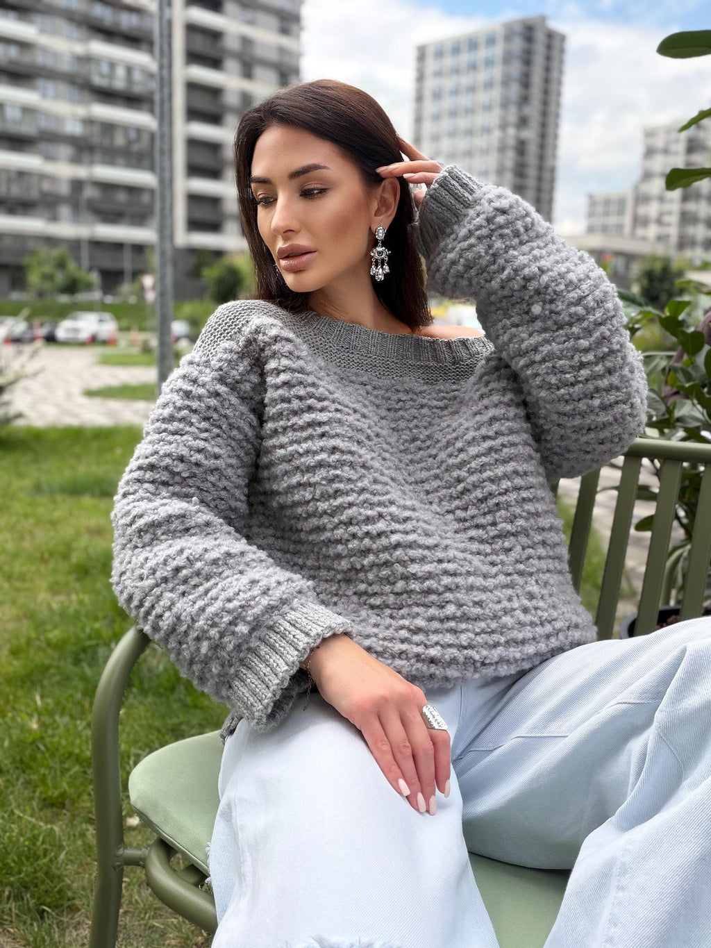 Cable hand knit boucle alpaca wool gray sweater Chunky knit cropped oversize One shoulder big cable knit sweater women
