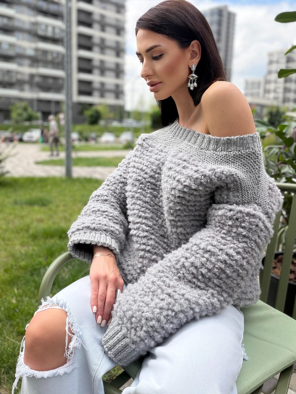 Cable hand knit boucle alpaca wool gray sweater Chunky knit cropped oversize One shoulder big cable knit sweater women