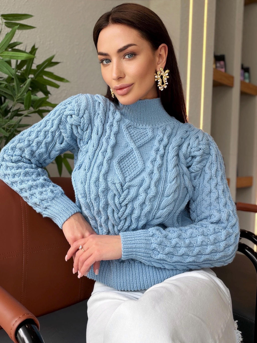 Handmade merino wool sky blue cable knit scandinavian sweater turtleneck pullover Chunky crop knit jumper Custom hand knit clothing