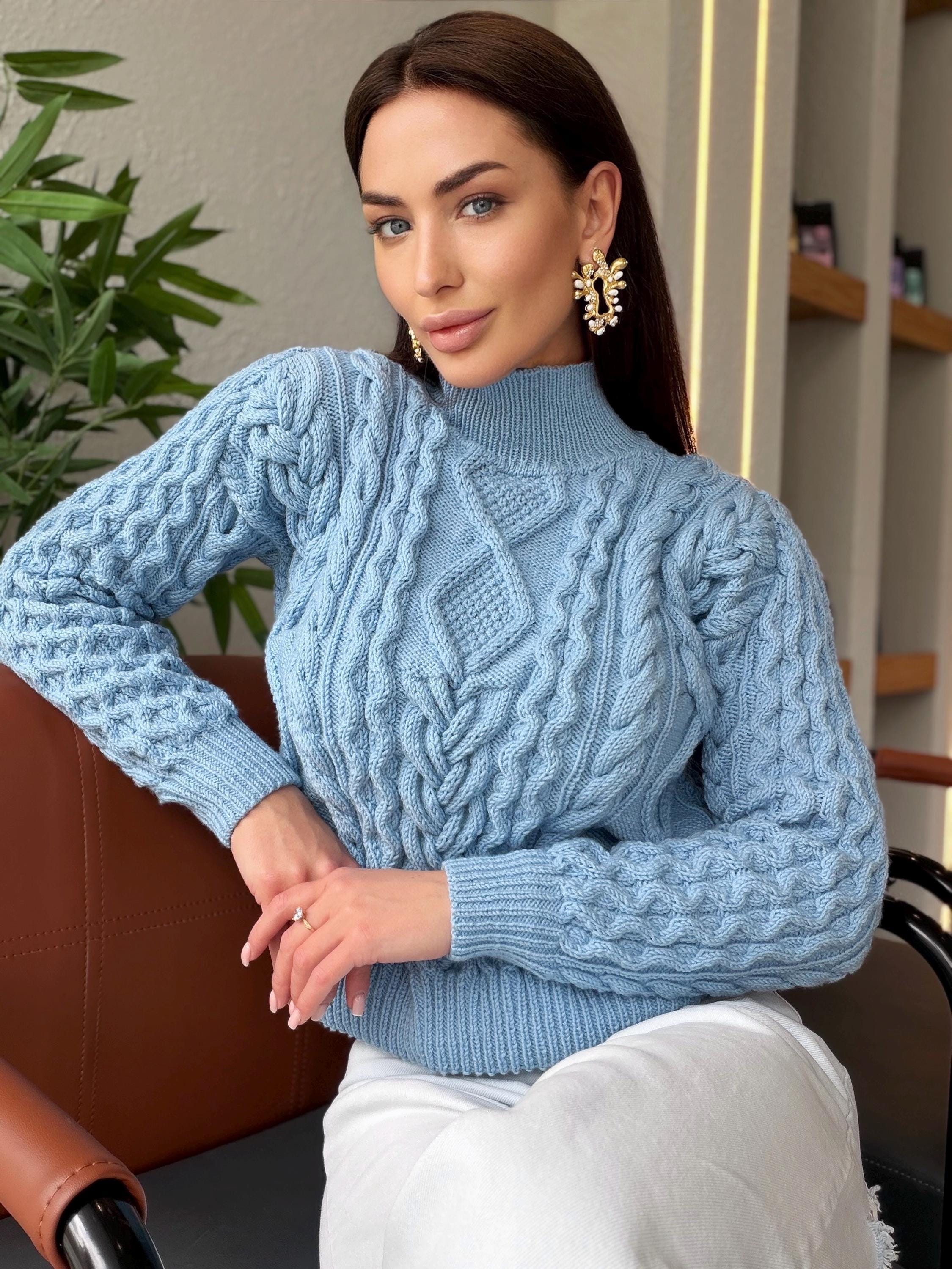 Handmade merino wool sky blue cable knit scandinavian sweater turtleneck pullover Chunky crop knit jumper Custom hand knit clothing