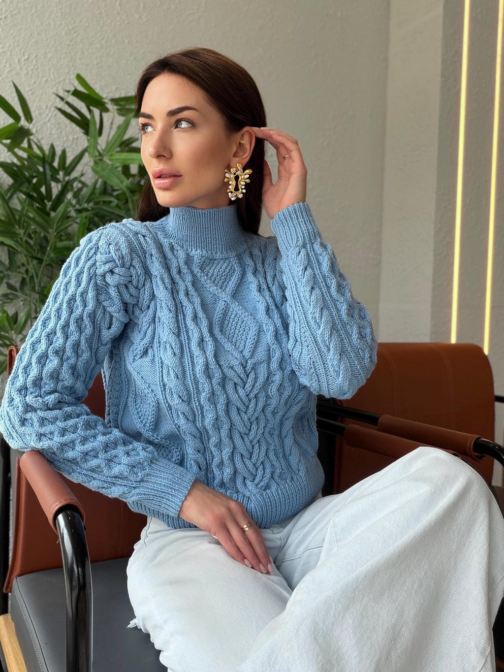 Handmade merino wool sky blue cable knit scandinavian sweater turtleneck pullover Chunky crop knit jumper Custom hand knit clothing