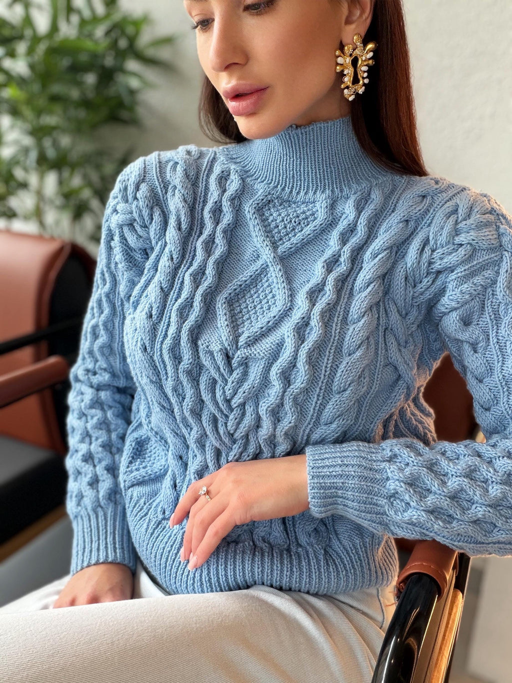 Handmade merino wool sky blue cable knit scandinavian sweater turtleneck pullover Chunky crop knit jumper Custom hand knit clothing