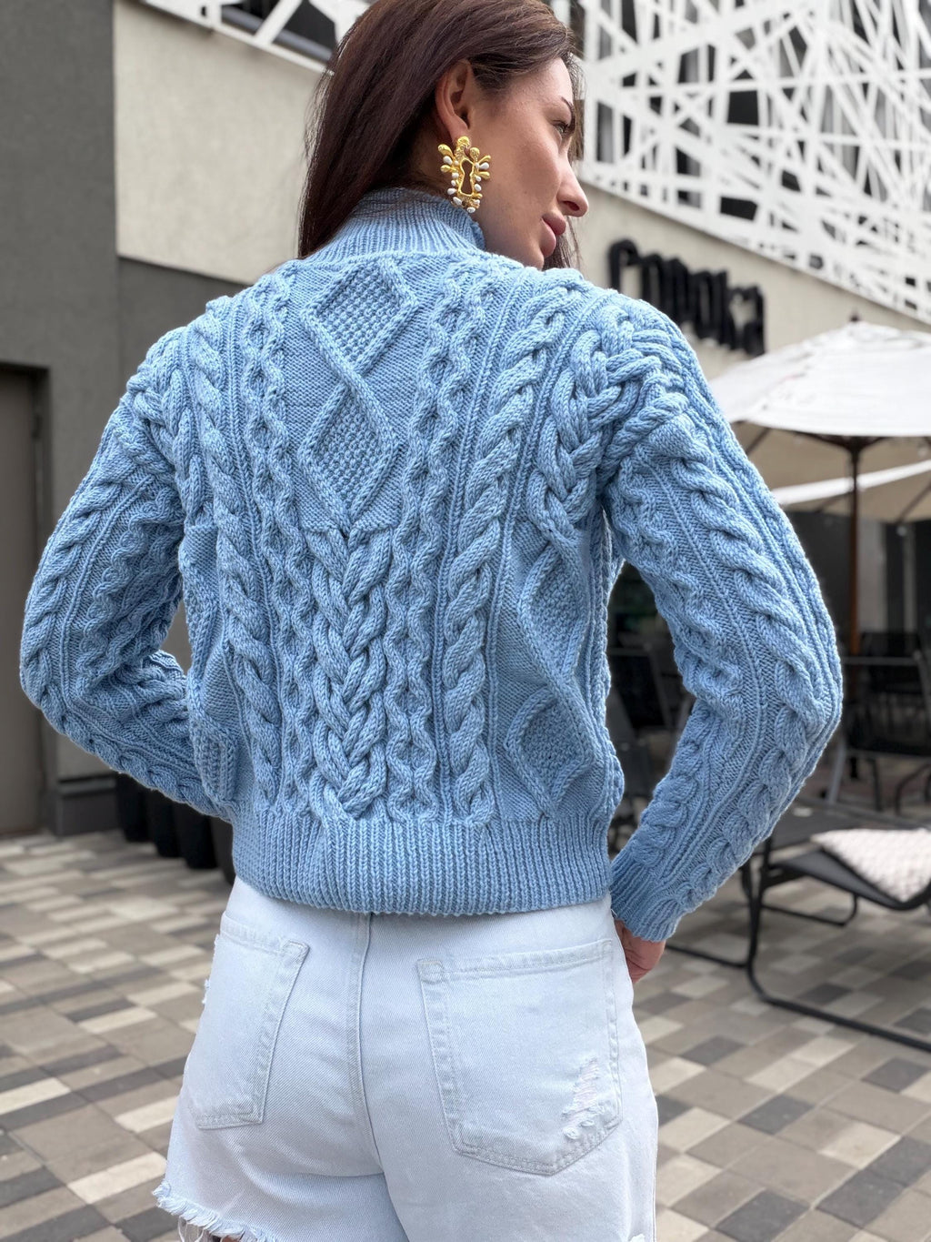 Handmade merino wool sky blue cable knit scandinavian sweater turtleneck pullover Chunky crop knit jumper Custom hand knit clothing