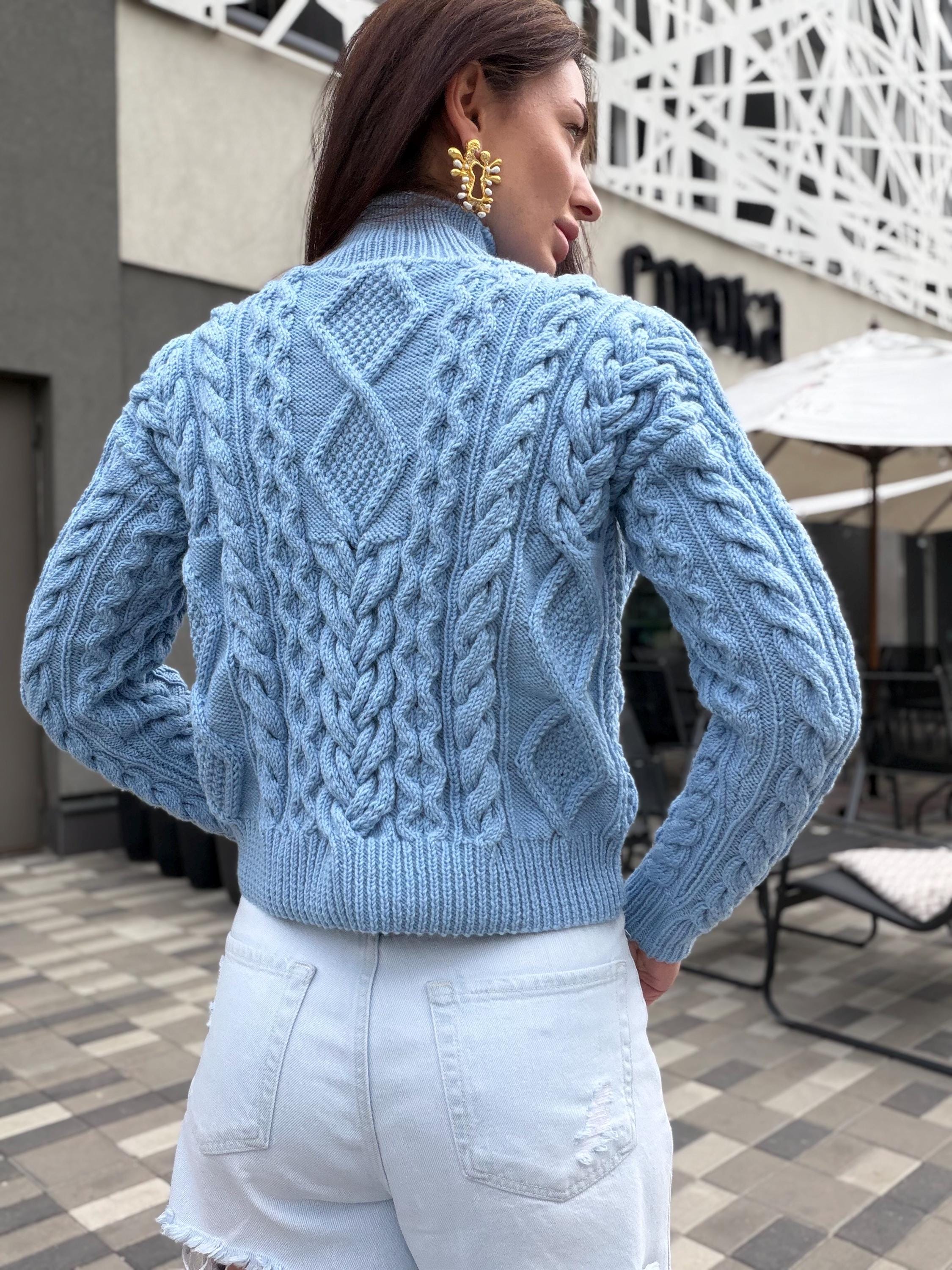 Handmade merino wool sky blue cable knit scandinavian sweater turtleneck pullover Chunky crop knit jumper Custom hand knit clothing