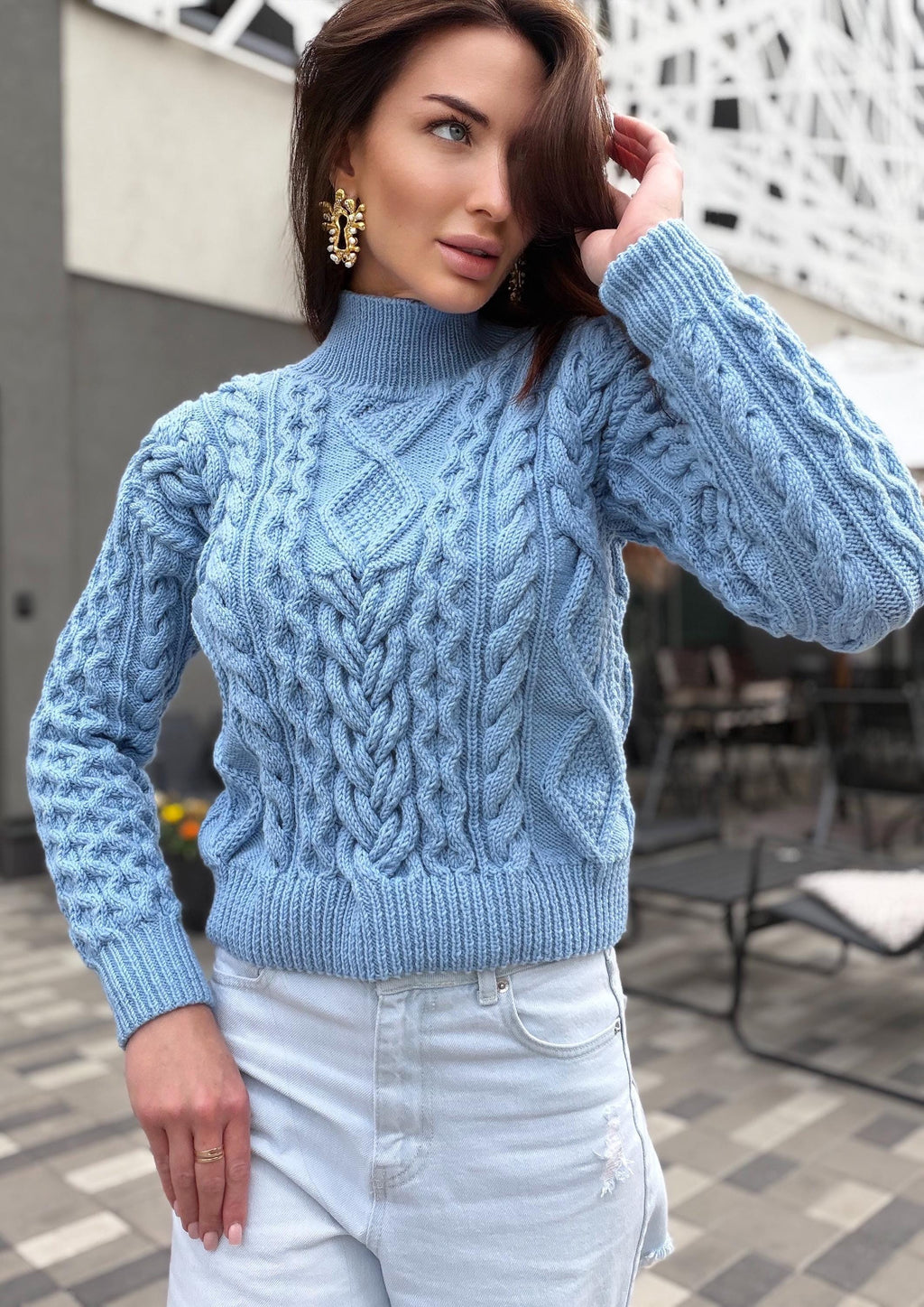 Handmade merino wool sky blue cable knit scandinavian sweater turtleneck pullover Chunky crop knit jumper Custom hand knit clothing