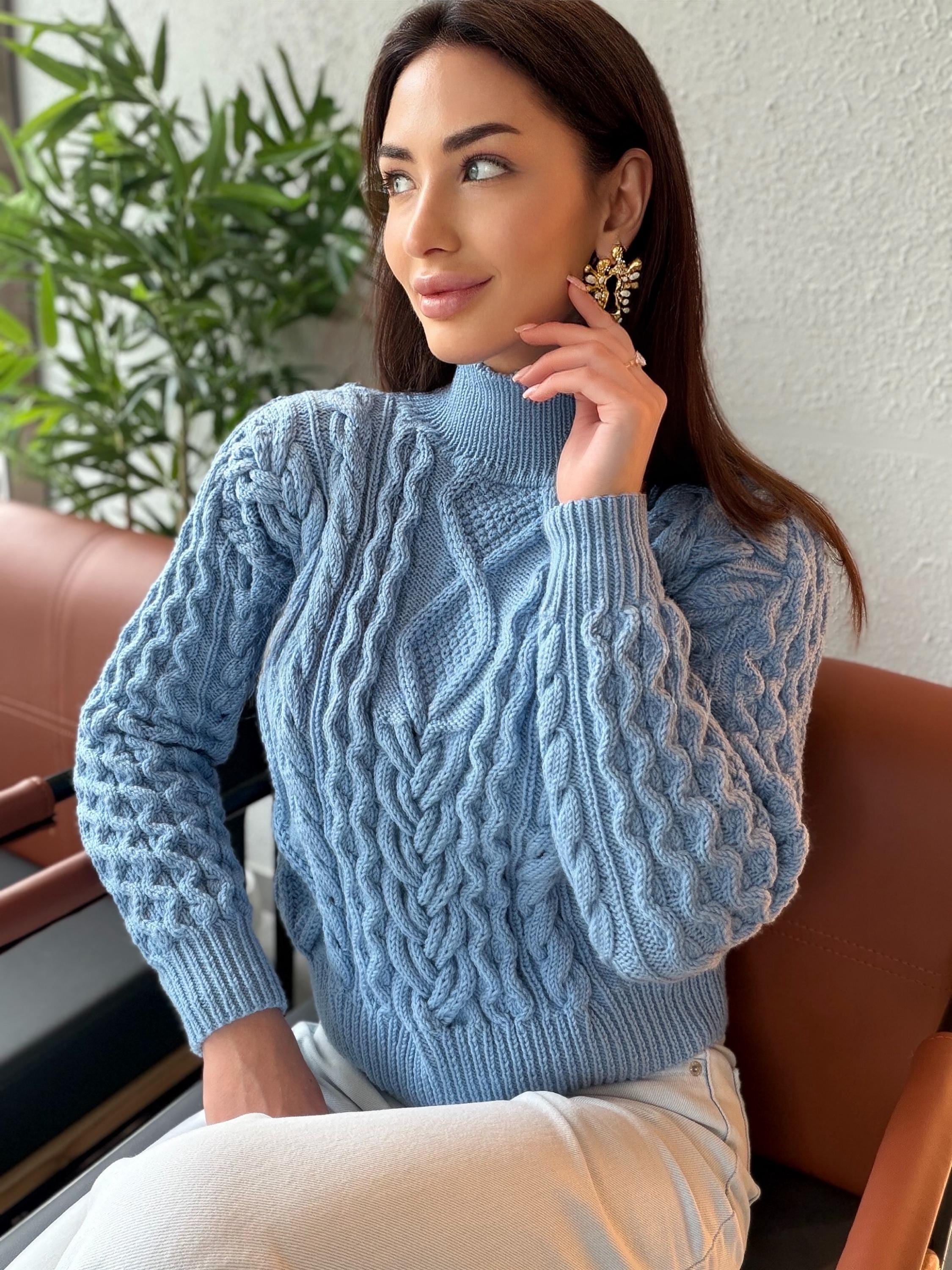 Handmade merino wool sky blue cable knit scandinavian sweater turtleneck pullover Chunky crop knit jumper Custom hand knit clothing